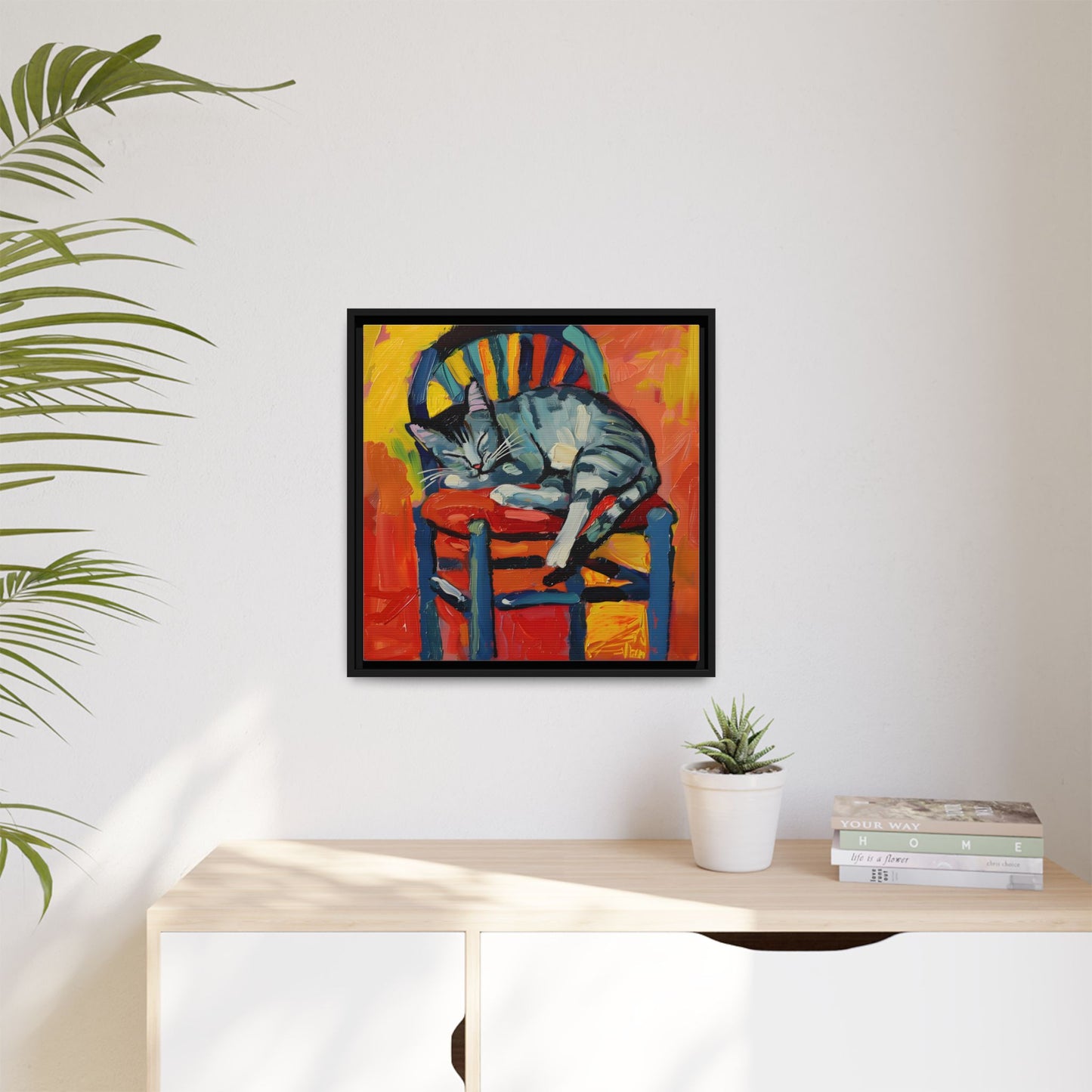 Colorful Cat Art Print - Framed Matte Canvas