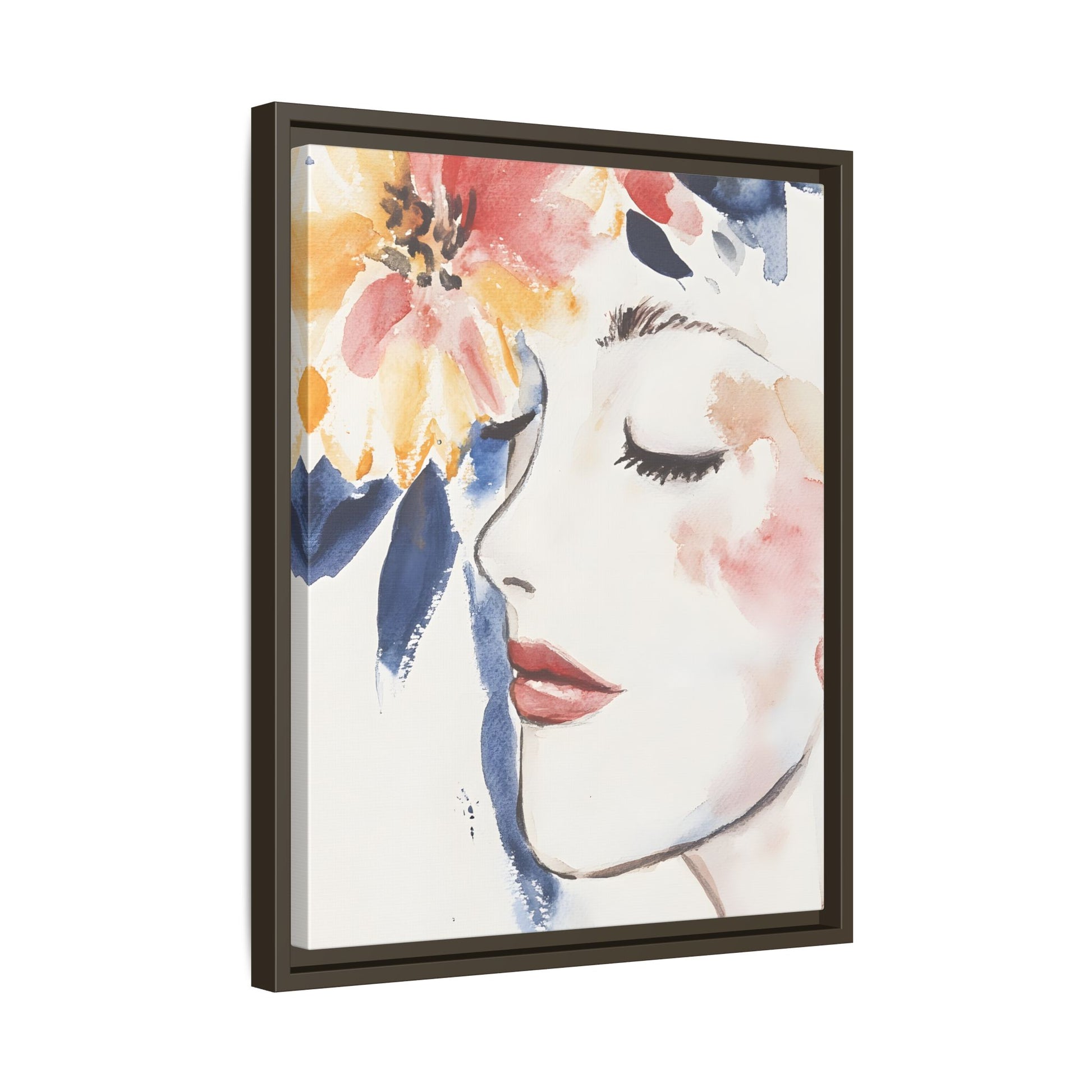 Multi-Color Framed Matte Canvas Art - Floral Face Portrait depicting a serene woman's side profile with flowers, 9x12 inches.