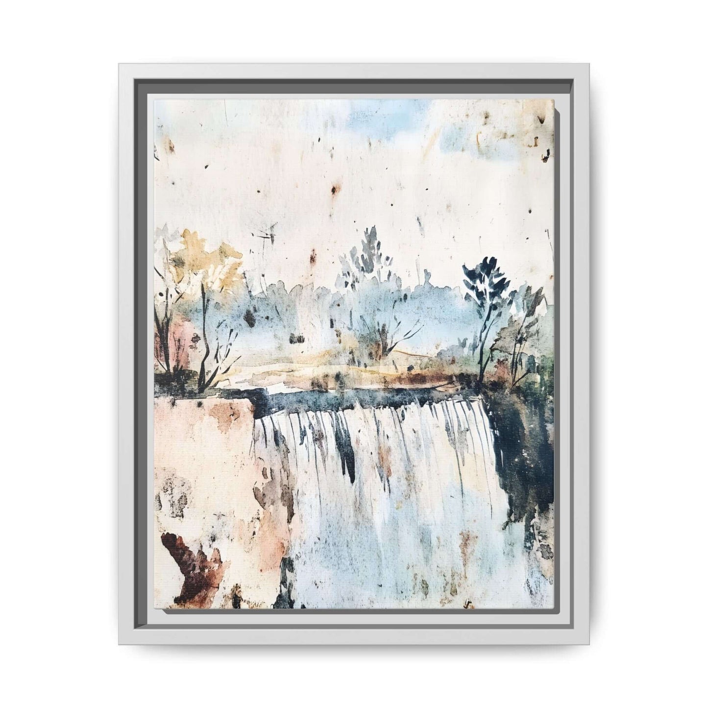 Framed watercolor wall art featuring a serene landscape with a waterfall, trees, and soft pastel colors, perfect for home decor.