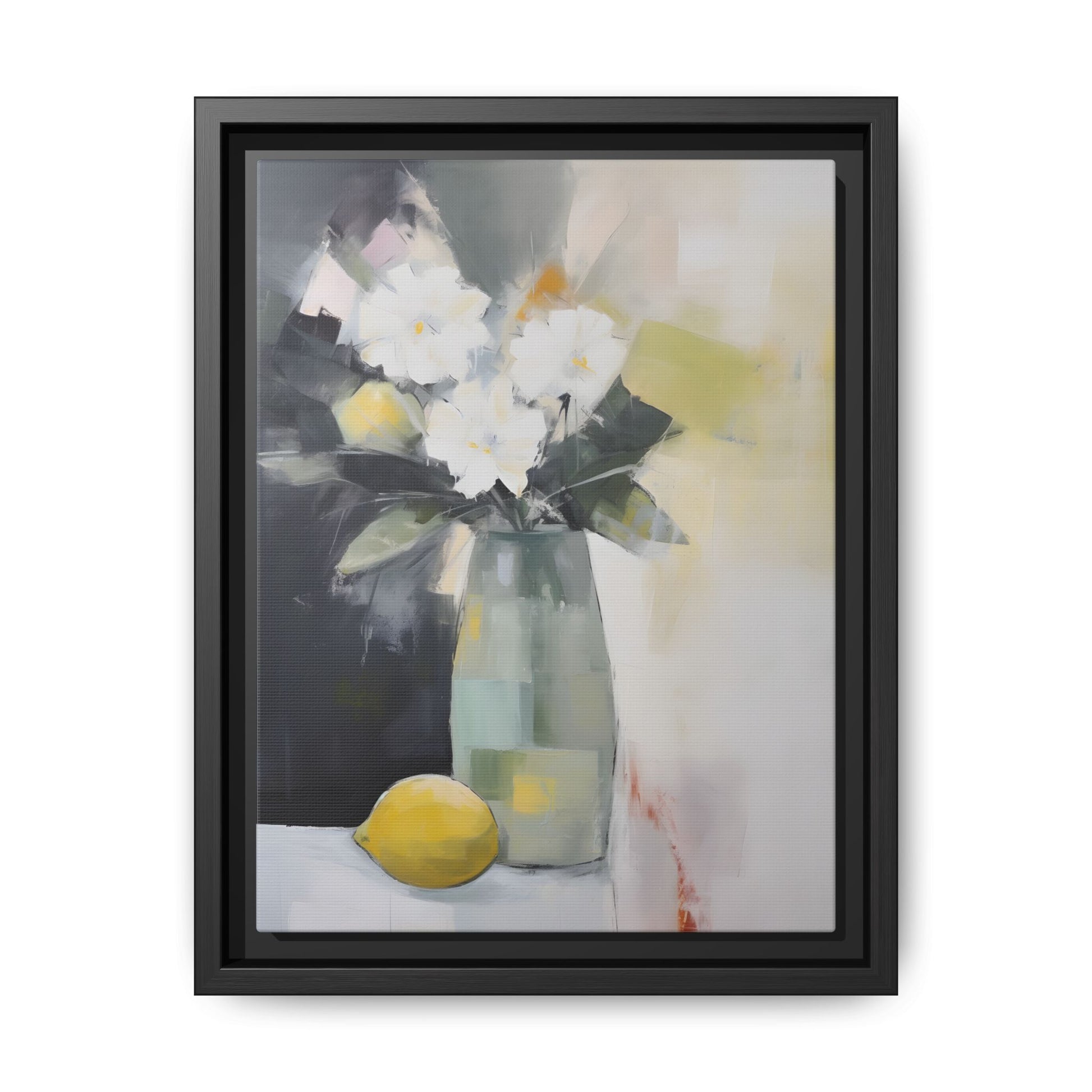 Modern Floral Still Life Wall Art – Framed Canvas with White Flowers and Lemon in Soft Green Vase, featuring a tranquil design