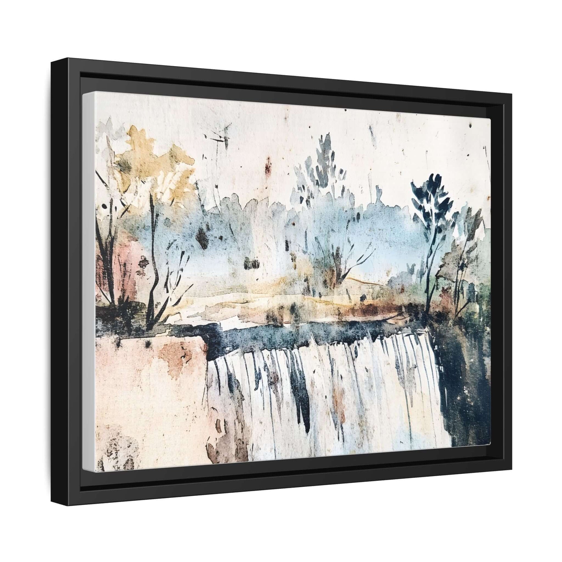 Framed watercolor wall art depicting a serene landscape with trees and a waterfall, perfect for home decor.