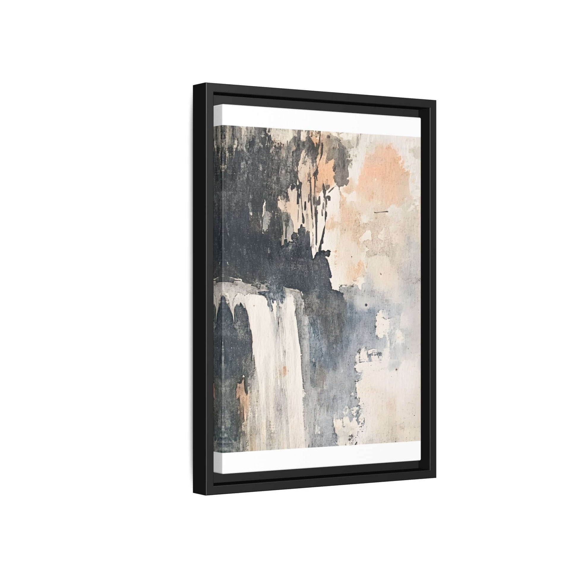 Framed waterfall art print on matte canvas, ideal for home decor, available in various sizes. Vertical, elegant design.
