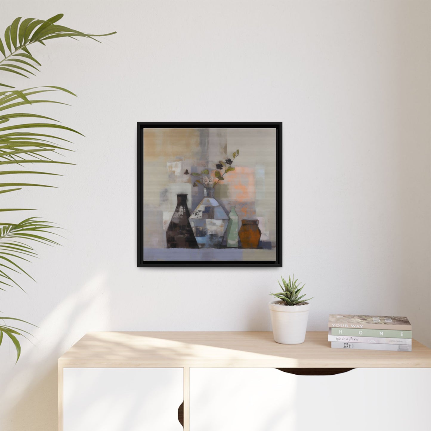 Earthy Bottle Still Life Wall Art – Framed Abstract Canvas with Geometric Vases in Neutral Tones