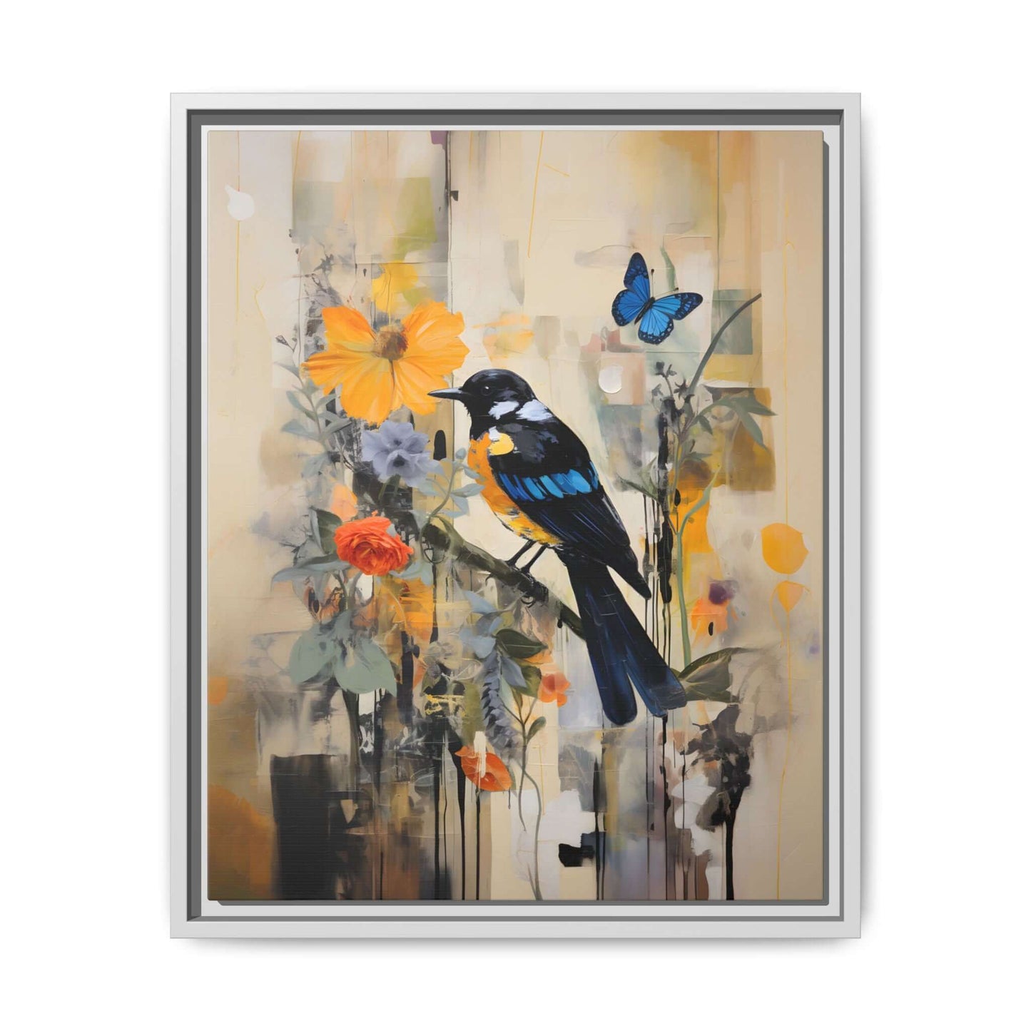 Framed canvas art featuring a colorful bird and butterfly with vibrant floral background, perfect for home decor.