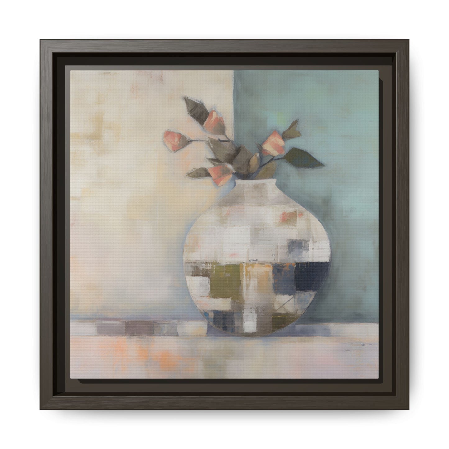 Geometric Floral Still Life Wall Art – Framed Abstract Canvas with Vase and Blush Pink Buds