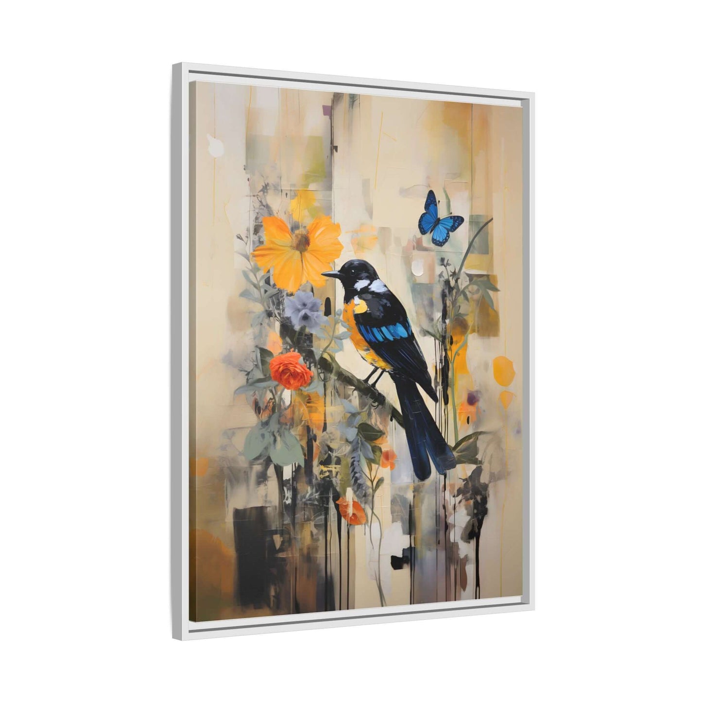Framed canvas art featuring a colorful bird and butterfly with vibrant flowers, ideal for brightening home decor.