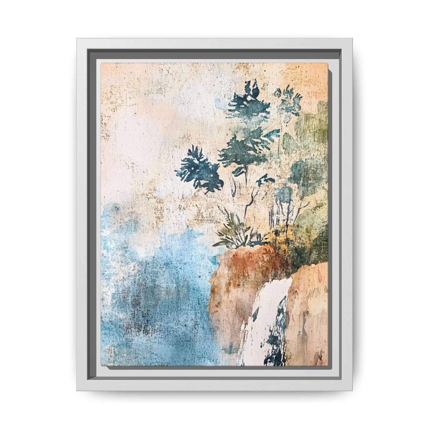Framed watercolor canvas print of a misty forest landscape, showcasing nature's tranquility. Perfect wall art for a serene home ambiance.