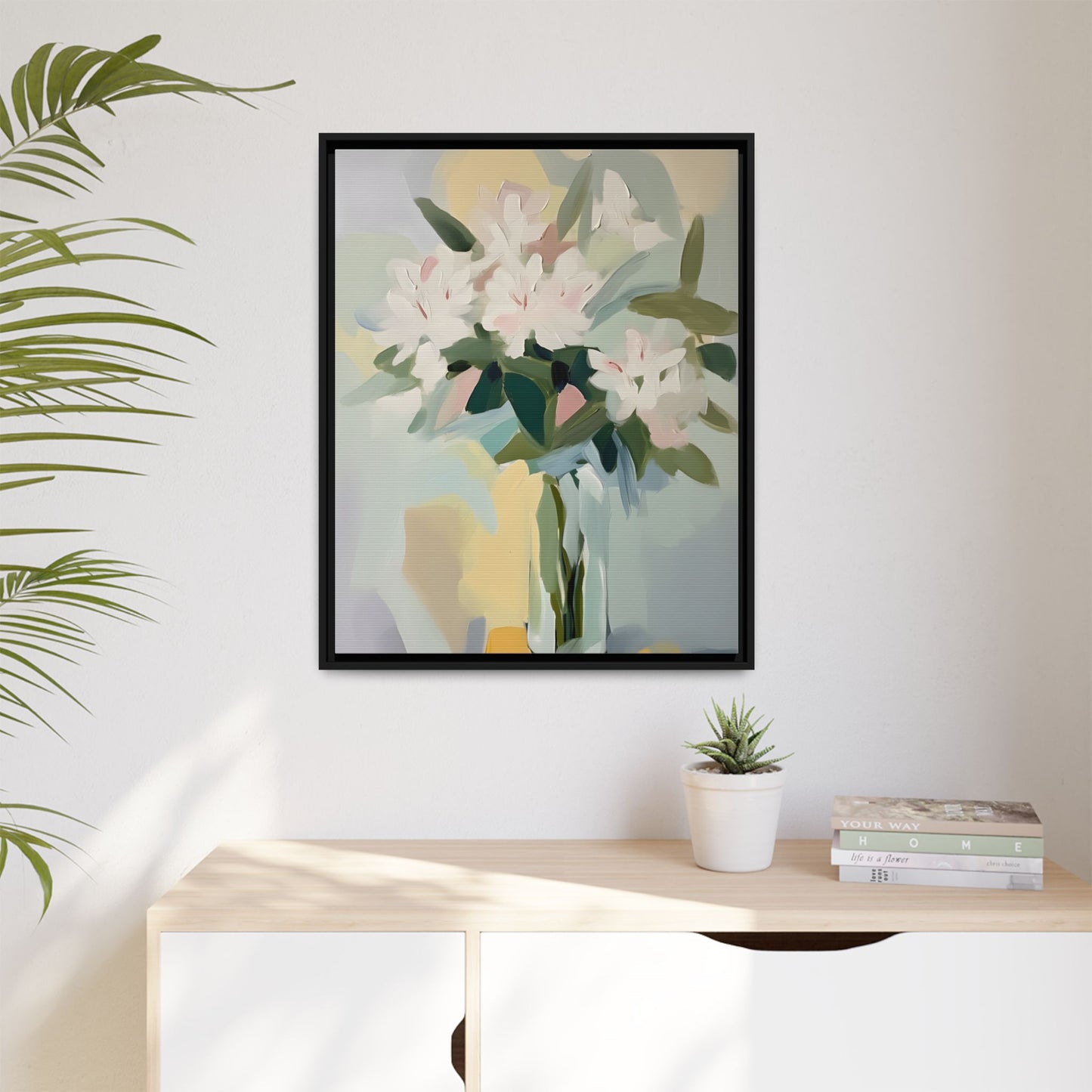Soft Abstract Floral Wall Art – Framed Modern Canvas with White Flowers in Green Vase hanging in a minimalist room