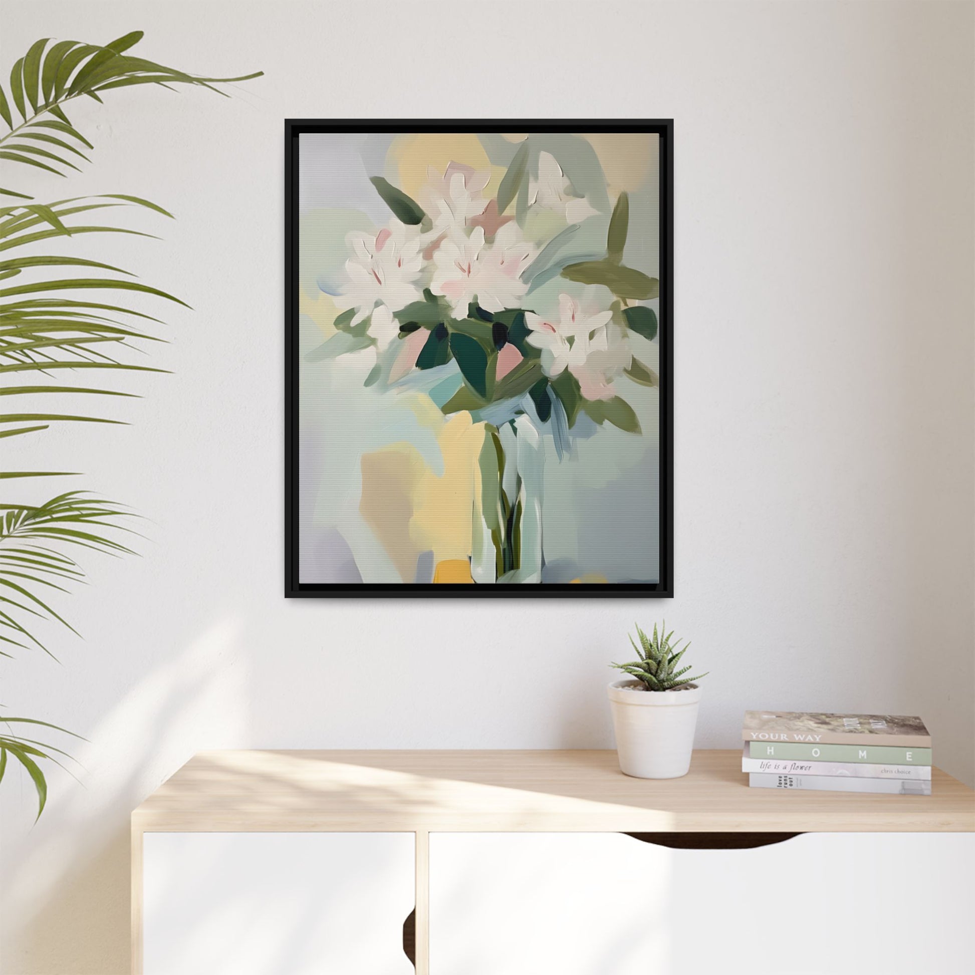 Soft Abstract Floral Wall Art – Framed Modern Canvas with White Flowers in Green Vase hanging in a minimalist room