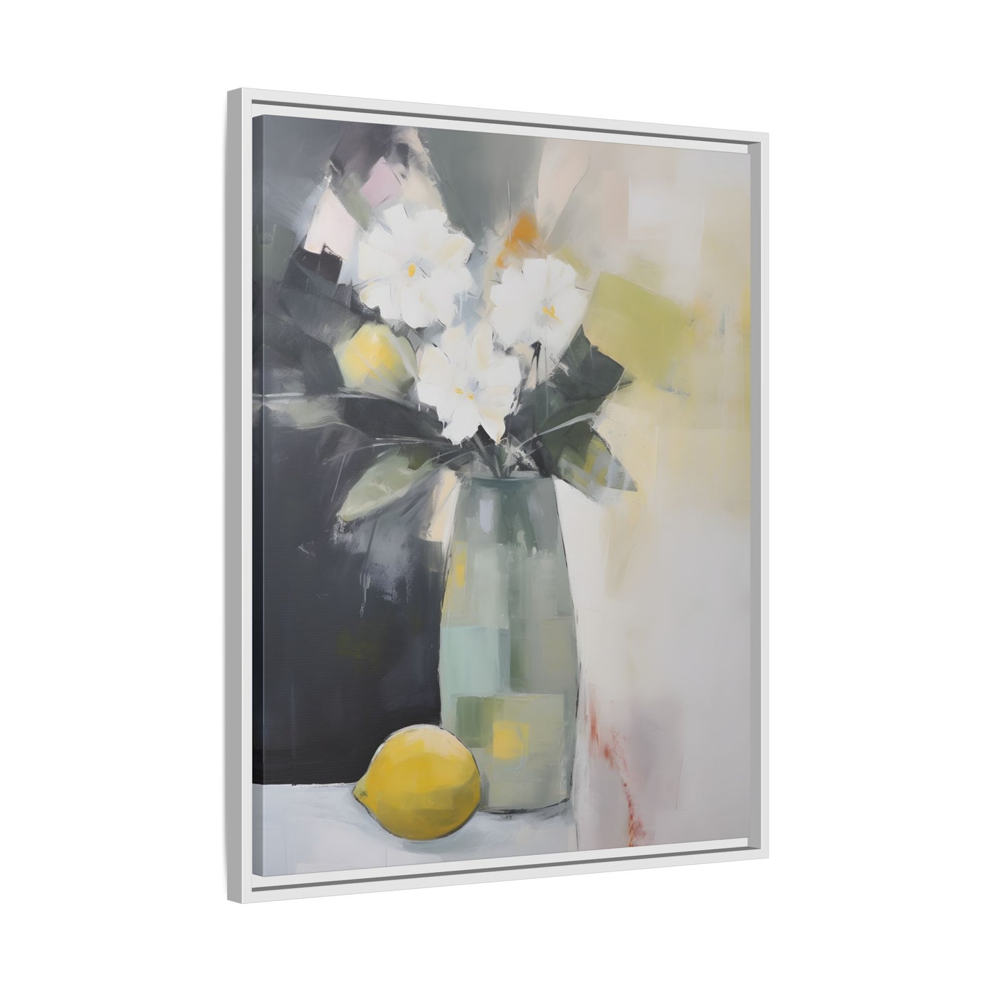 Modern Floral Still Life Wall Art – Framed Canvas with White Flowers and Lemon in Soft Green Vase, artistic home decor piece