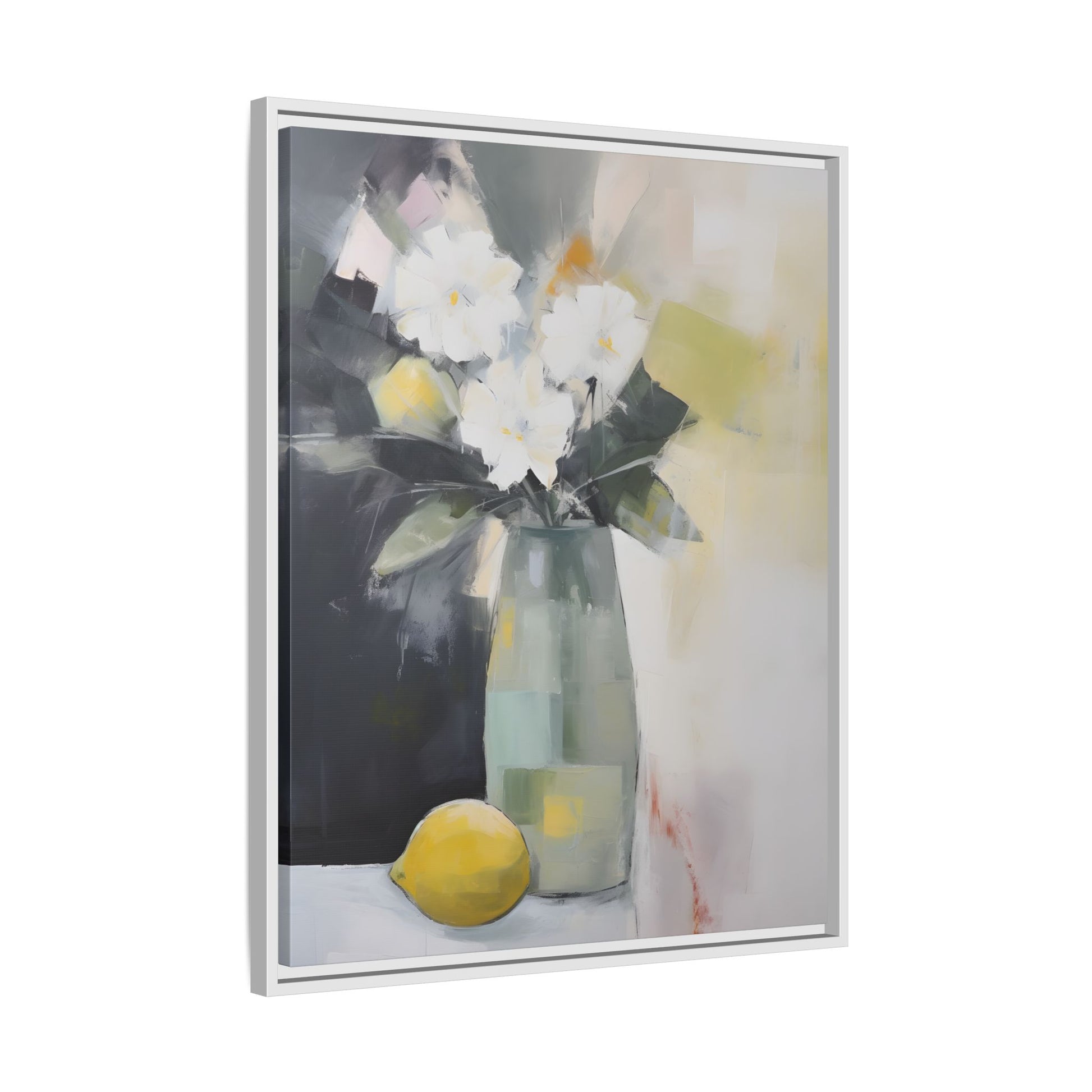 Modern Floral Still Life Wall Art – Framed Canvas with White Flowers and Lemon in Soft Green Vase, artistic home decor piece