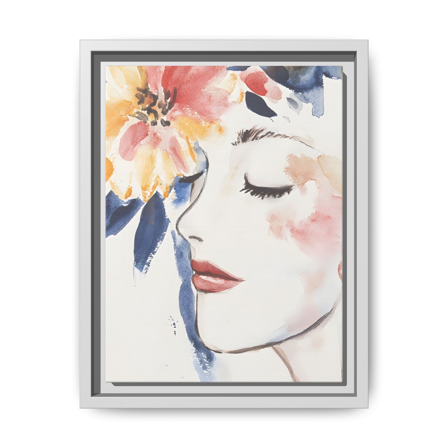 Multi-Color Framed Matte Canvas Art - Floral Face Portrait in vertical orientation with vibrant flower and serene face illustration.
