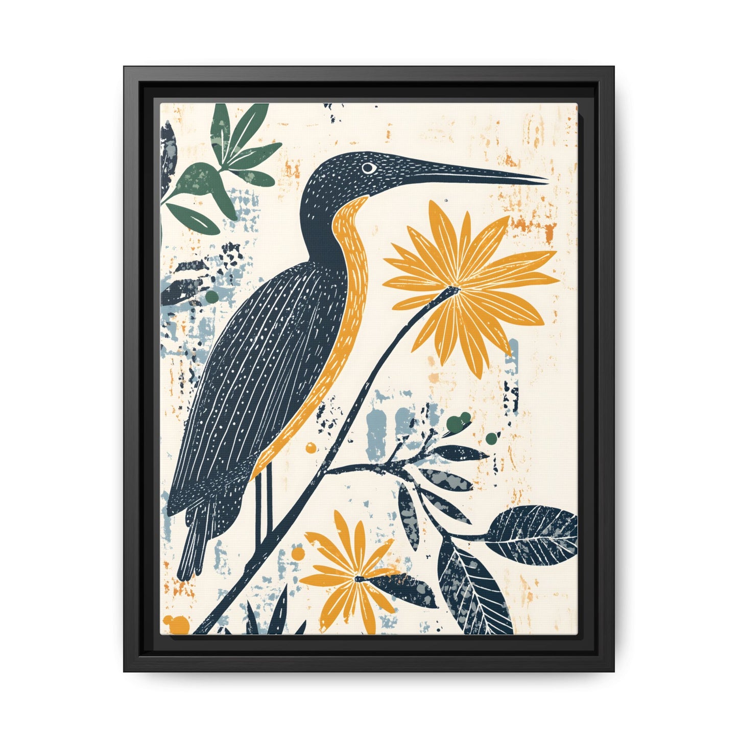 Colorful Bird and Flower Framed Matte Canvas Art