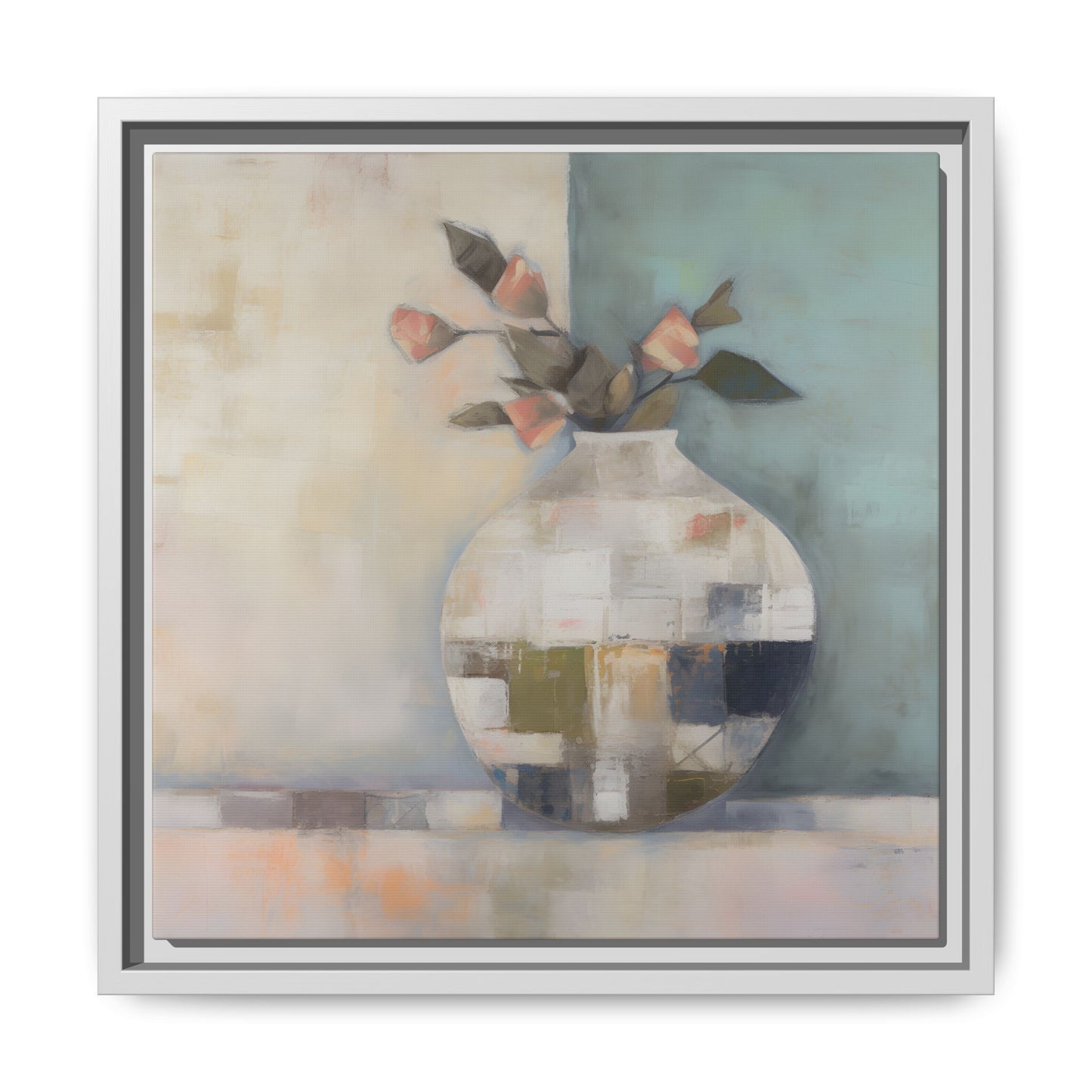 Geometric Floral Still Life Wall Art – Framed Abstract Canvas with Vase and Blush Pink Buds featuring minimalist patchwork design.