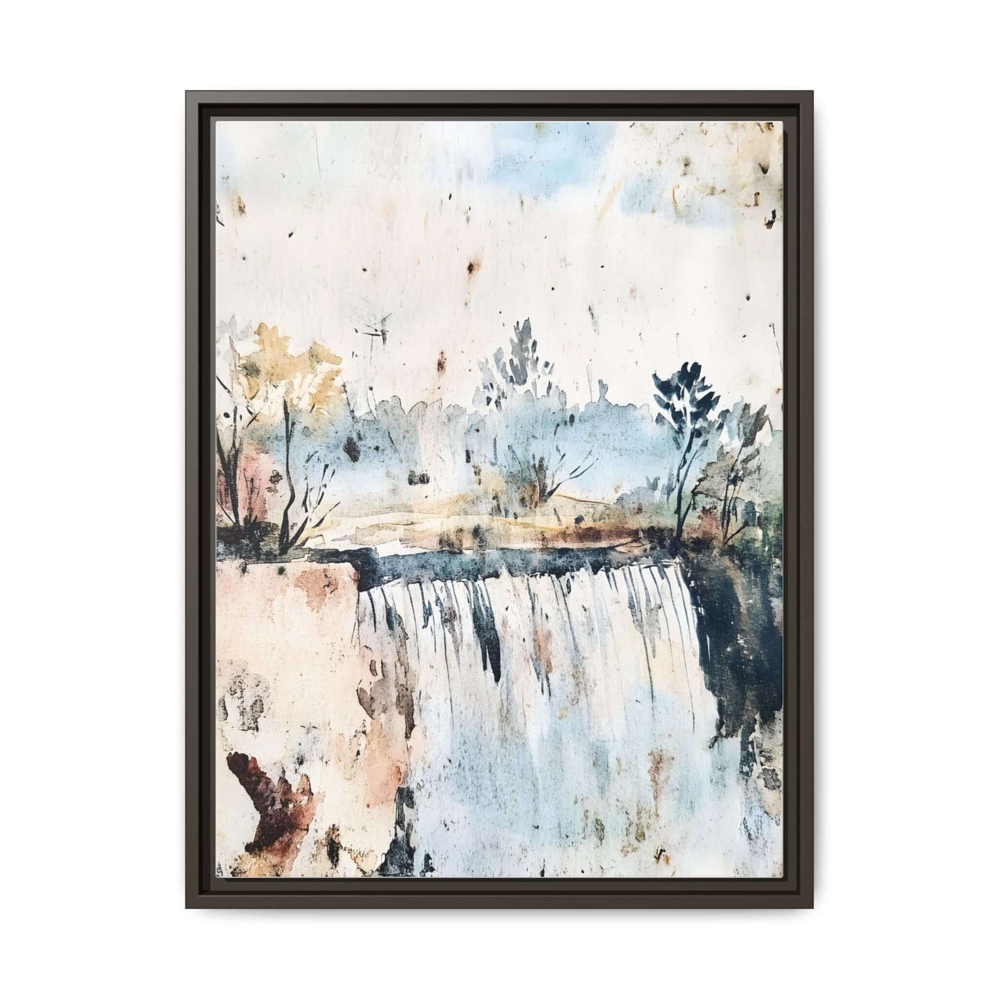 Framed watercolor wall art depicting a serene landscape with trees and a waterfall, enhancing home decor with calming colors.