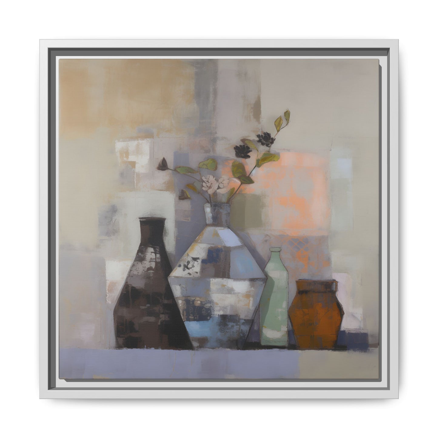 Earthy Bottle Still Life Wall Art – Framed Abstract Canvas with Geometric Vases in Neutral Tones featuring soft floral sprigs.