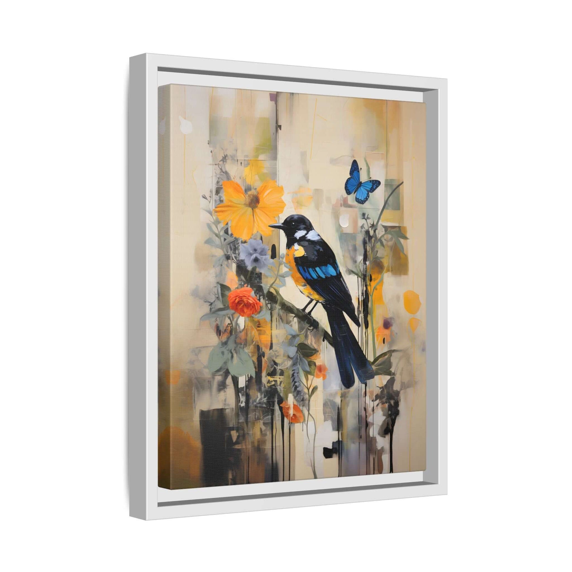 Framed vibrant canvas art featuring colorful bird and butterfly, perfect for home decor. Multiple sizes available.