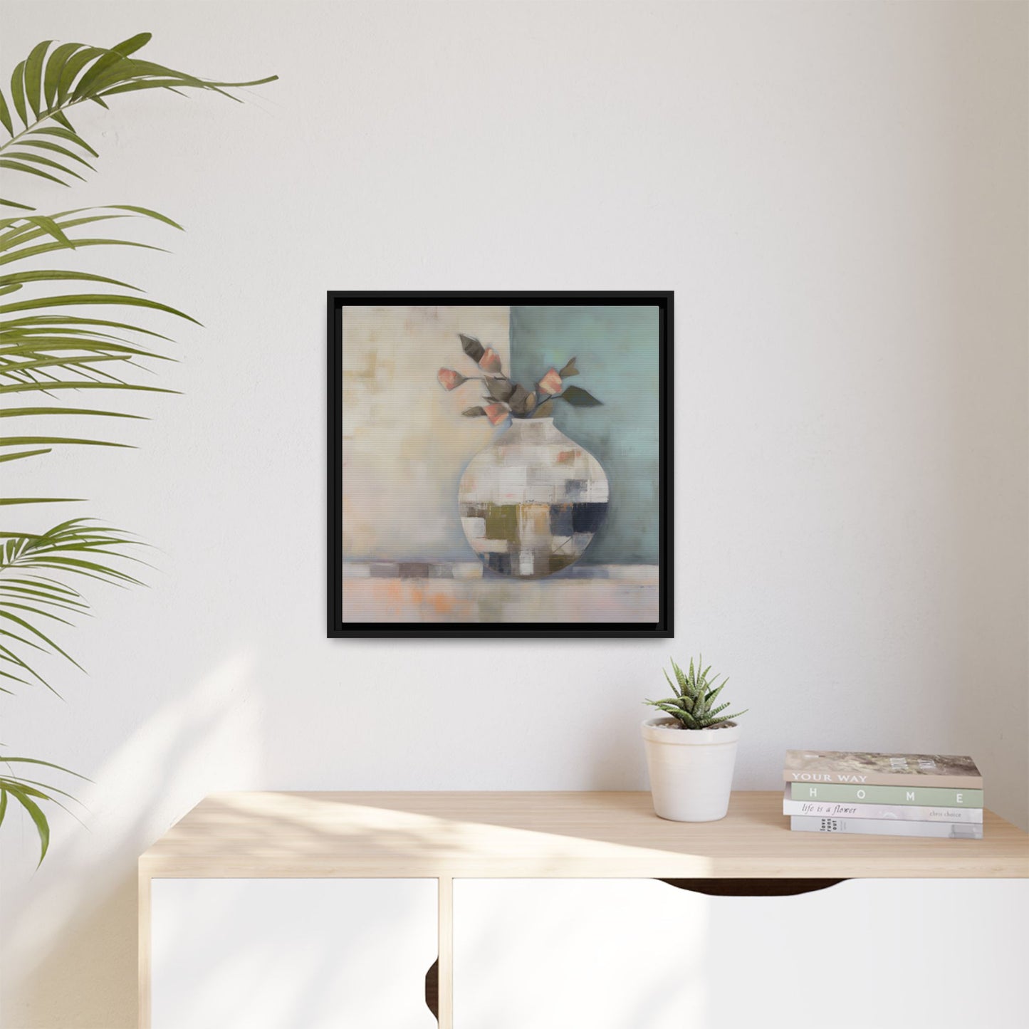 Geometric Floral Still Life Wall Art – Framed Abstract Canvas with Vase and Blush Pink Buds in modern interior setting.