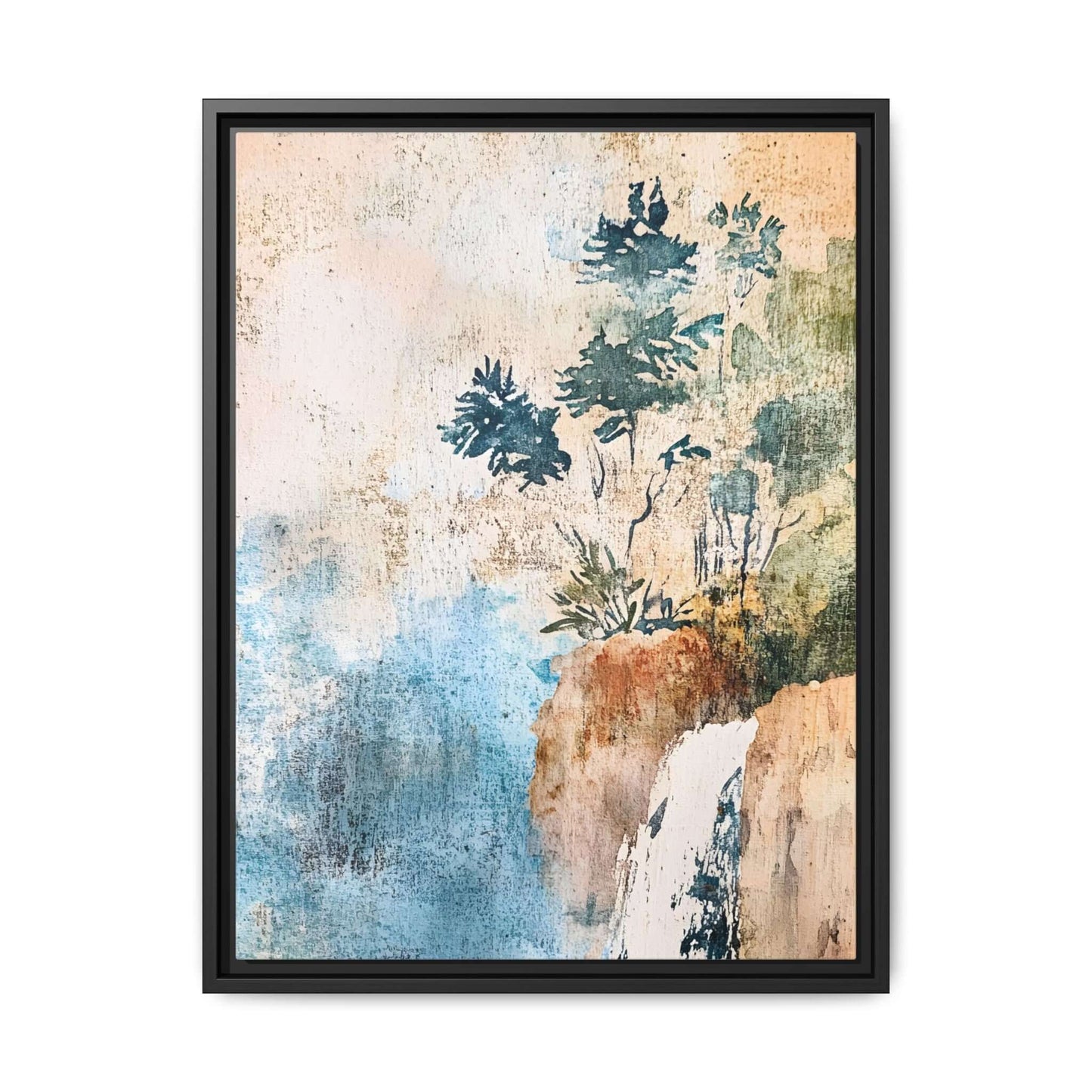 Misty forest landscape watercolor print in black frame, showcasing serene trees and waterfall for elegant home decor.