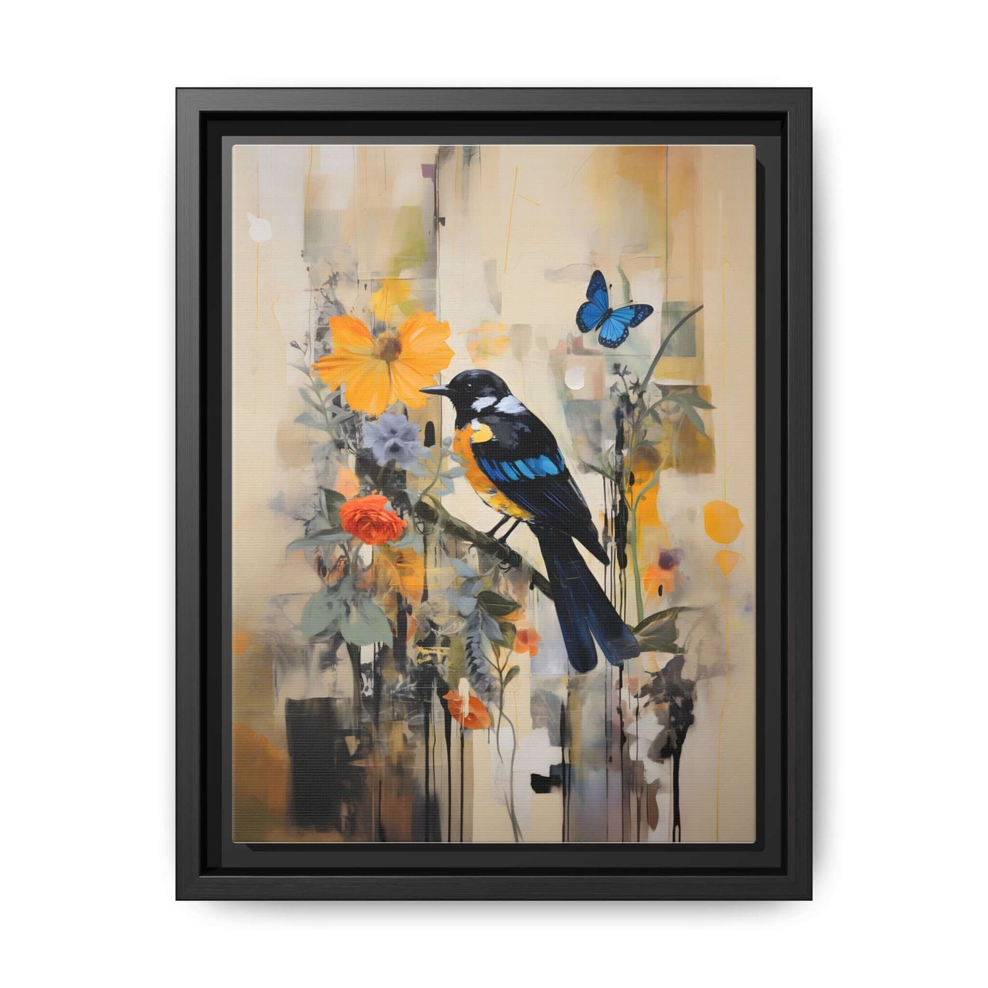 Vibrant framed canvas art featuring a colorful bird and butterfly with floral elements, perfect vertical home decor.