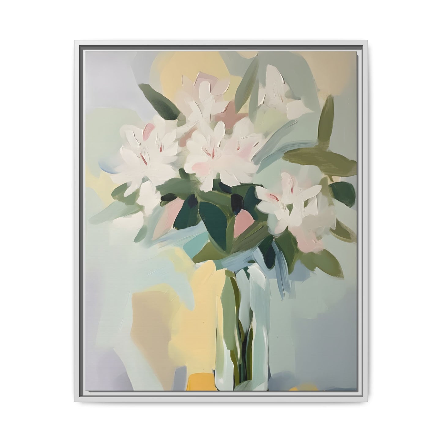 Soft Abstract Floral Wall Art – Framed Modern Canvas with White Flowers in Green Vase, featuring delicate brushstrokes and pastel hues.