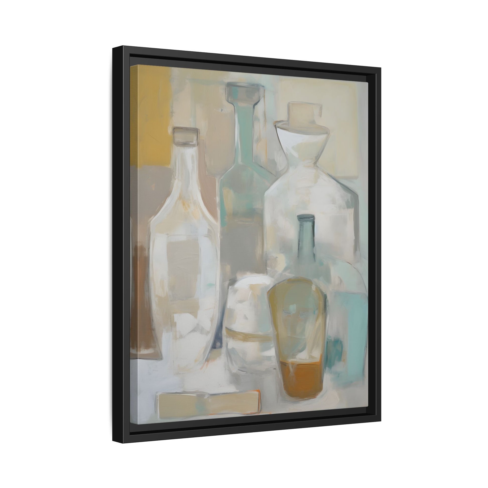 Modern Still Life Wall Art – Neutral Bottles Framed Canvas in Beige, Aqua & Amber featuring translucent bottles in a calming palette.
