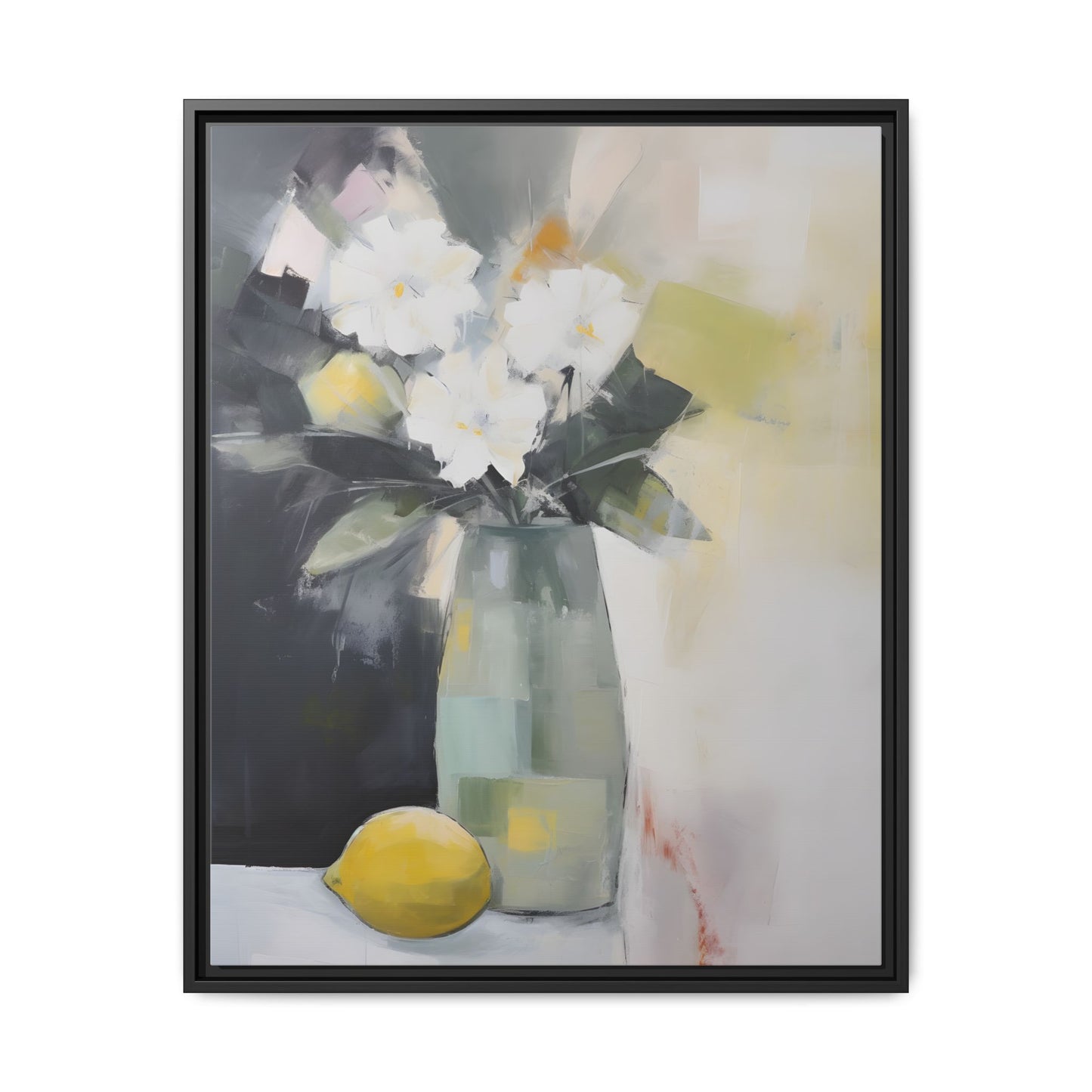 Modern Floral Still Life Wall Art – Framed Canvas with White Flowers and Lemon in Soft Green Vase