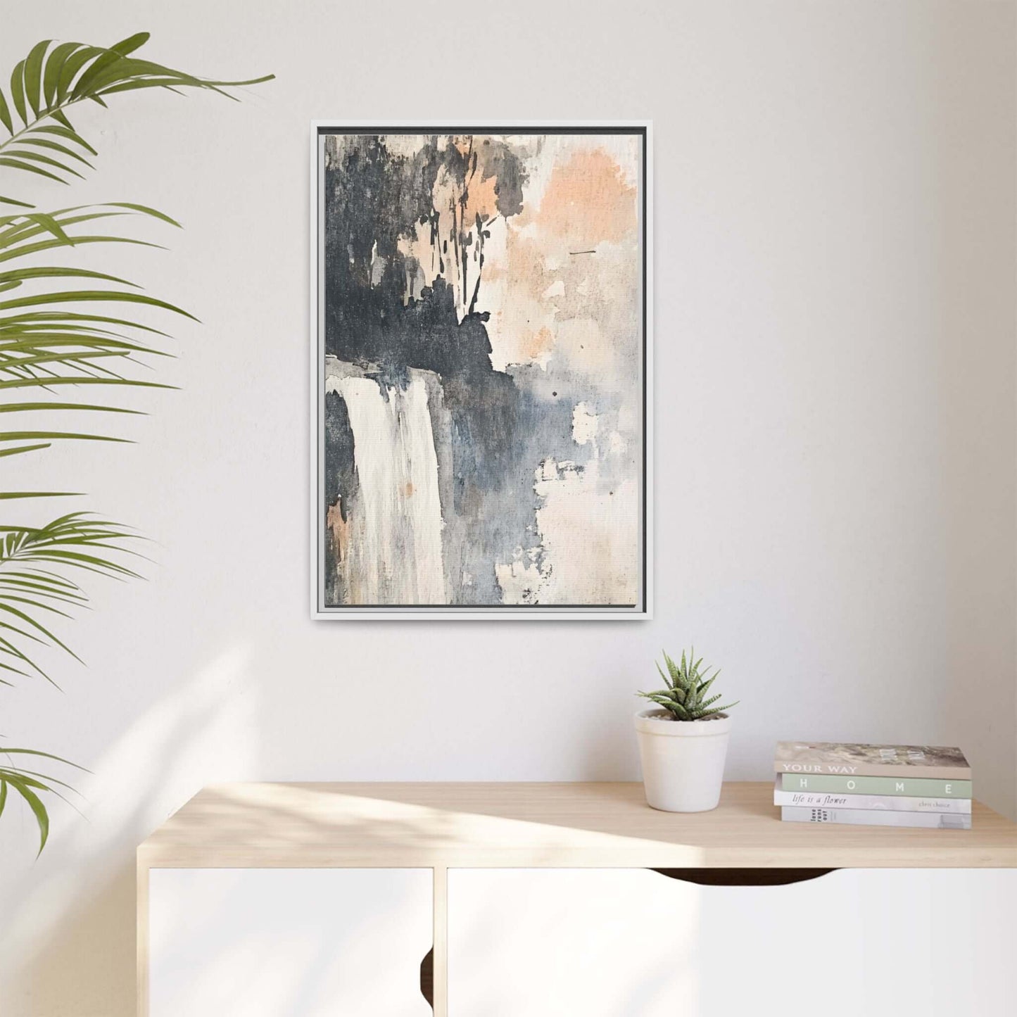 Framed waterfall art print in matte canvas displayed in a modern living room setting, perfect for home decor enhancement.