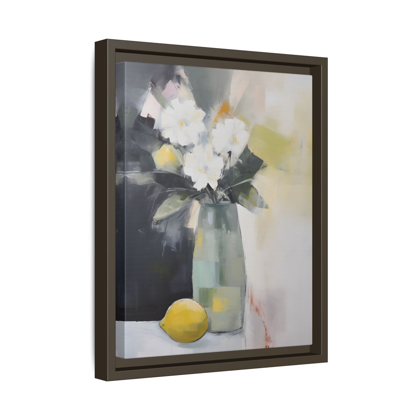 Modern Floral Still Life Wall Art – Framed Canvas with White Flowers and Lemon in Soft Green Vase, calming artistic brushwork
