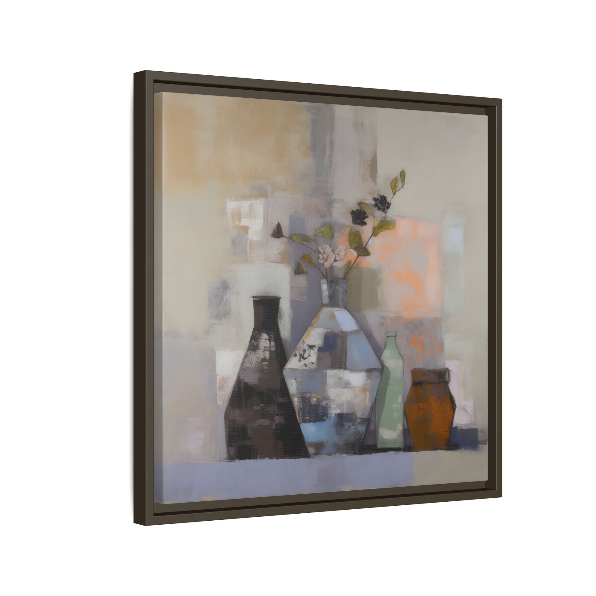 Earthy Bottle Still Life Wall Art – Framed Abstract Canvas with Geometric Vases in Neutral Tones, modern decor piece.