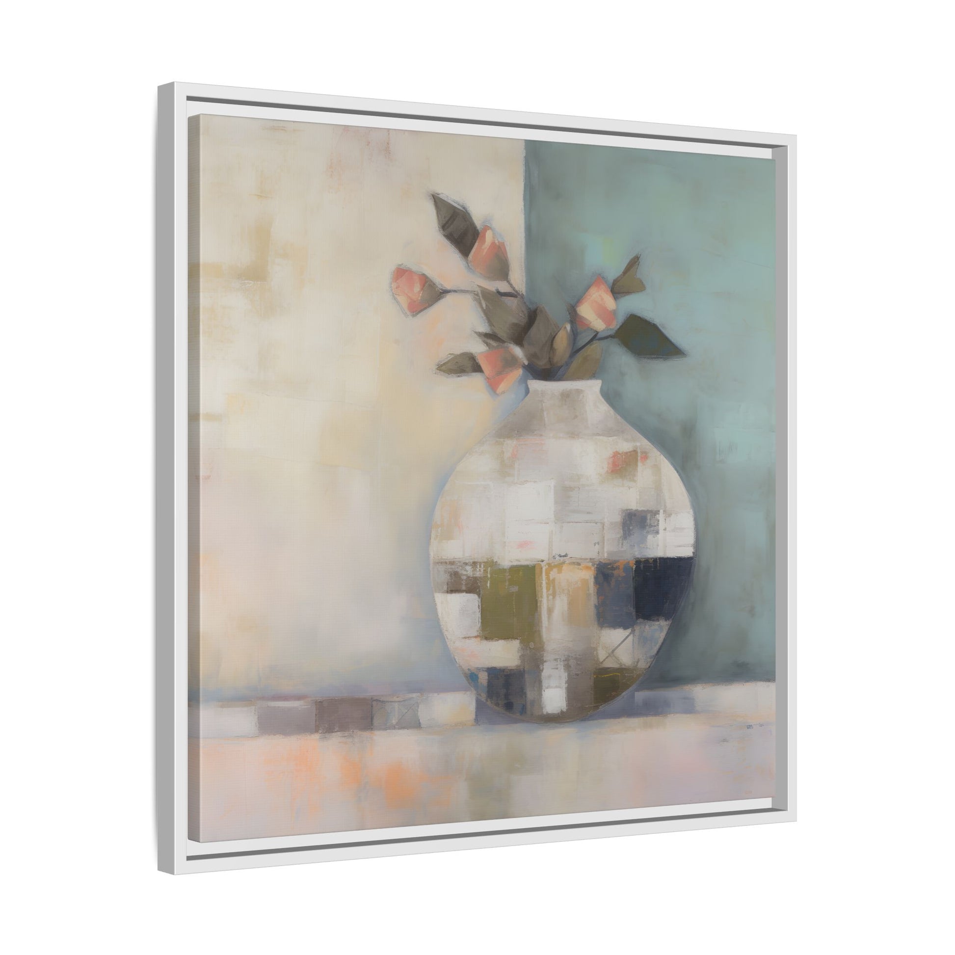 Geometric Floral Still Life Wall Art – Framed Abstract Canvas with Vase and Blush Pink Buds featuring geometric vase and rosebuds