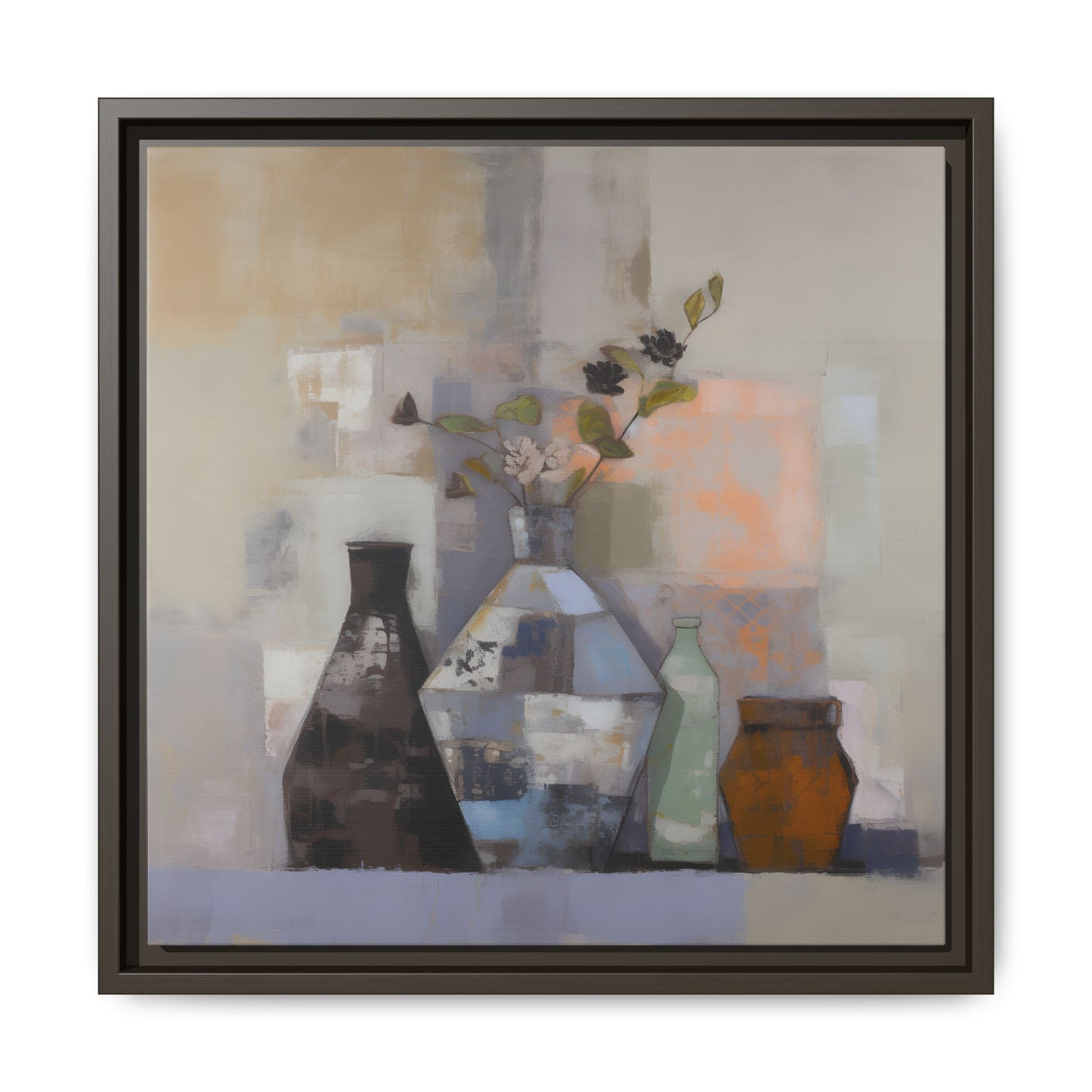 Earthy Bottle Still Life Wall Art – Framed Abstract Canvas with Geometric Vases in Neutral Tones depicting vases and floral sprigs