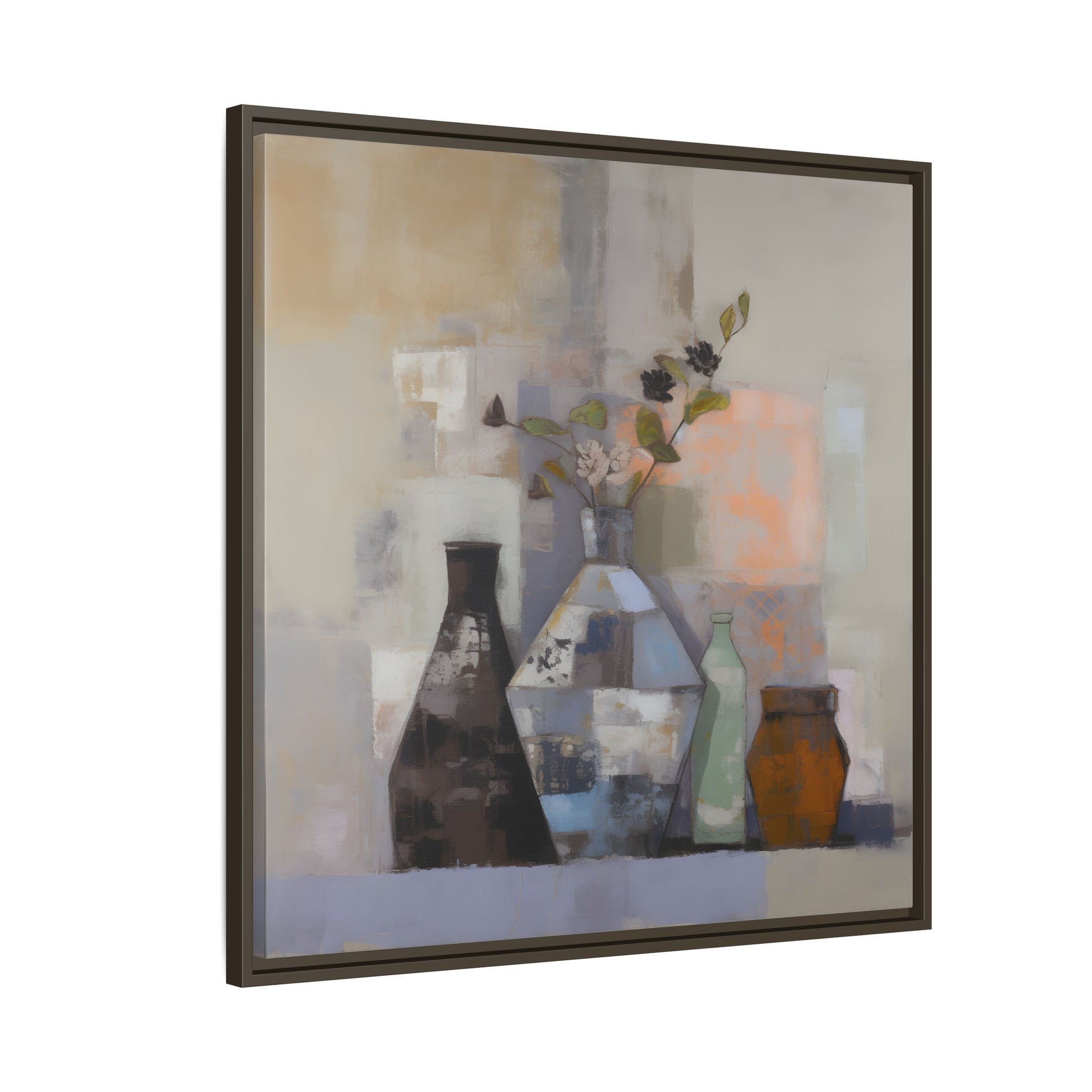 Earthy Bottle Still Life Wall Art – Framed Abstract Canvas with Geometric Vases in Neutral Tones, featuring patchwork brushstrokes.