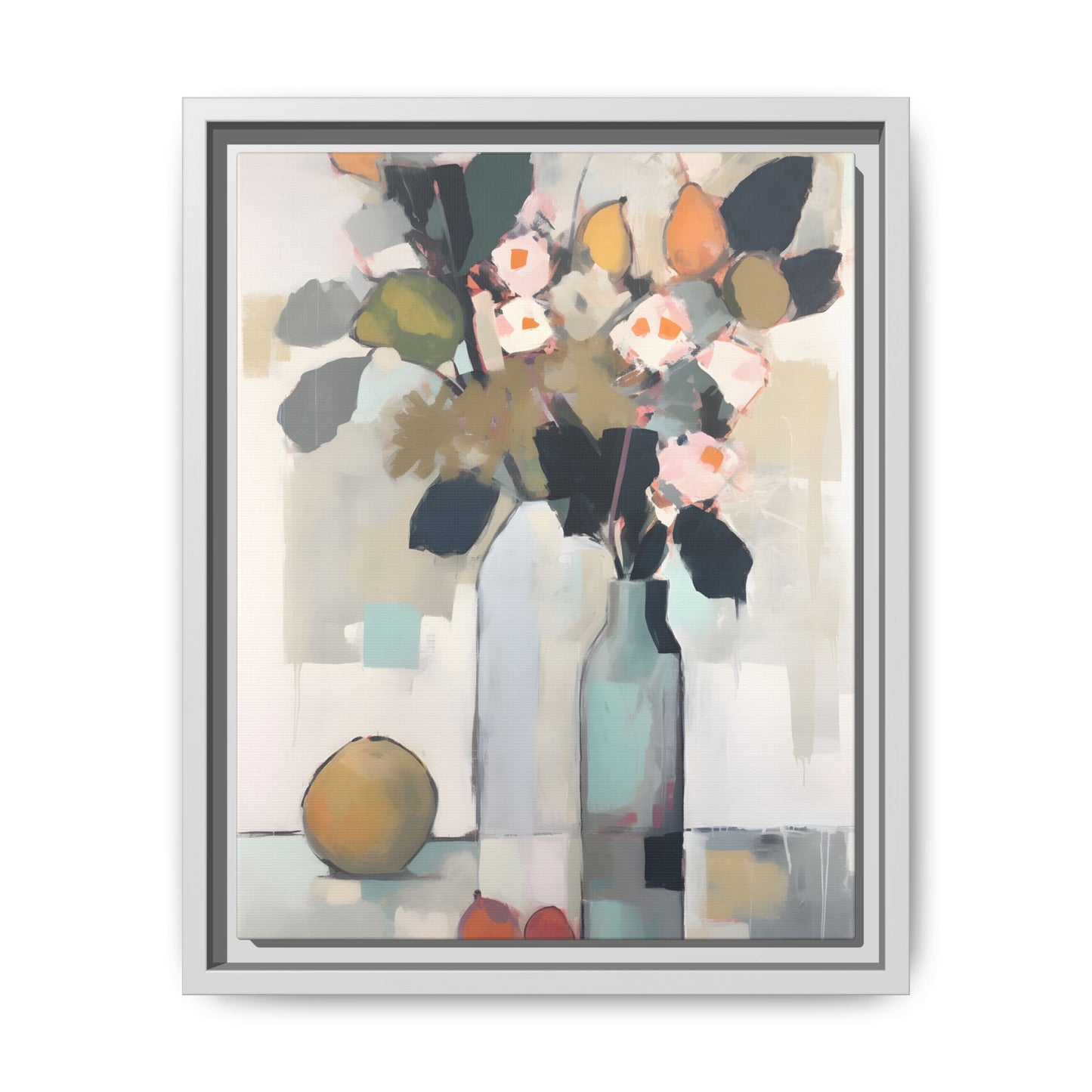 Modern Floral Still Life Wall Art – Framed Canvas with Bold Leaves and Citrus in Vase, artistic abstract design for home decor.