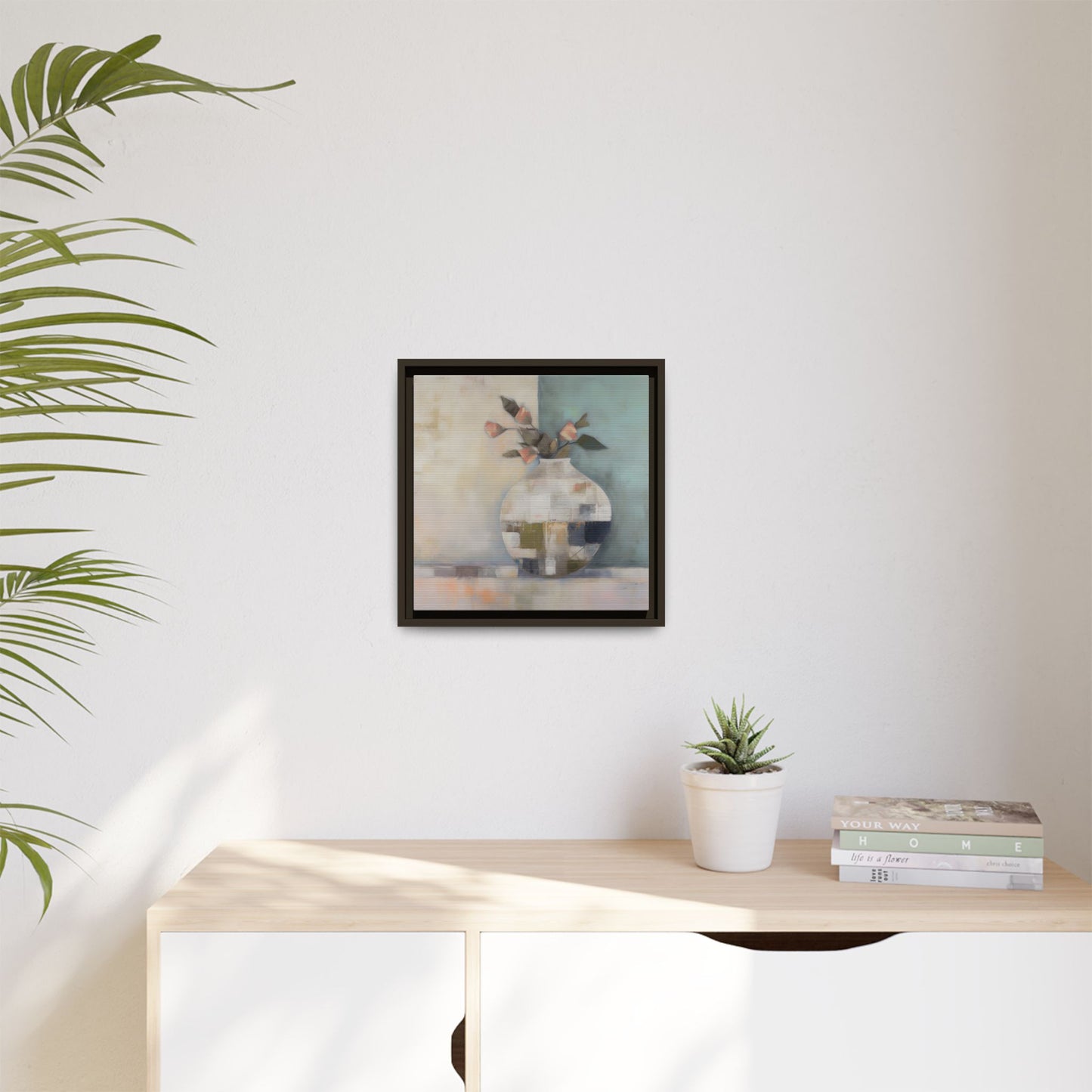 Geometric Floral Still Life Wall Art – Framed Abstract Canvas with Vase and Blush Pink Buds on a modern wall setting