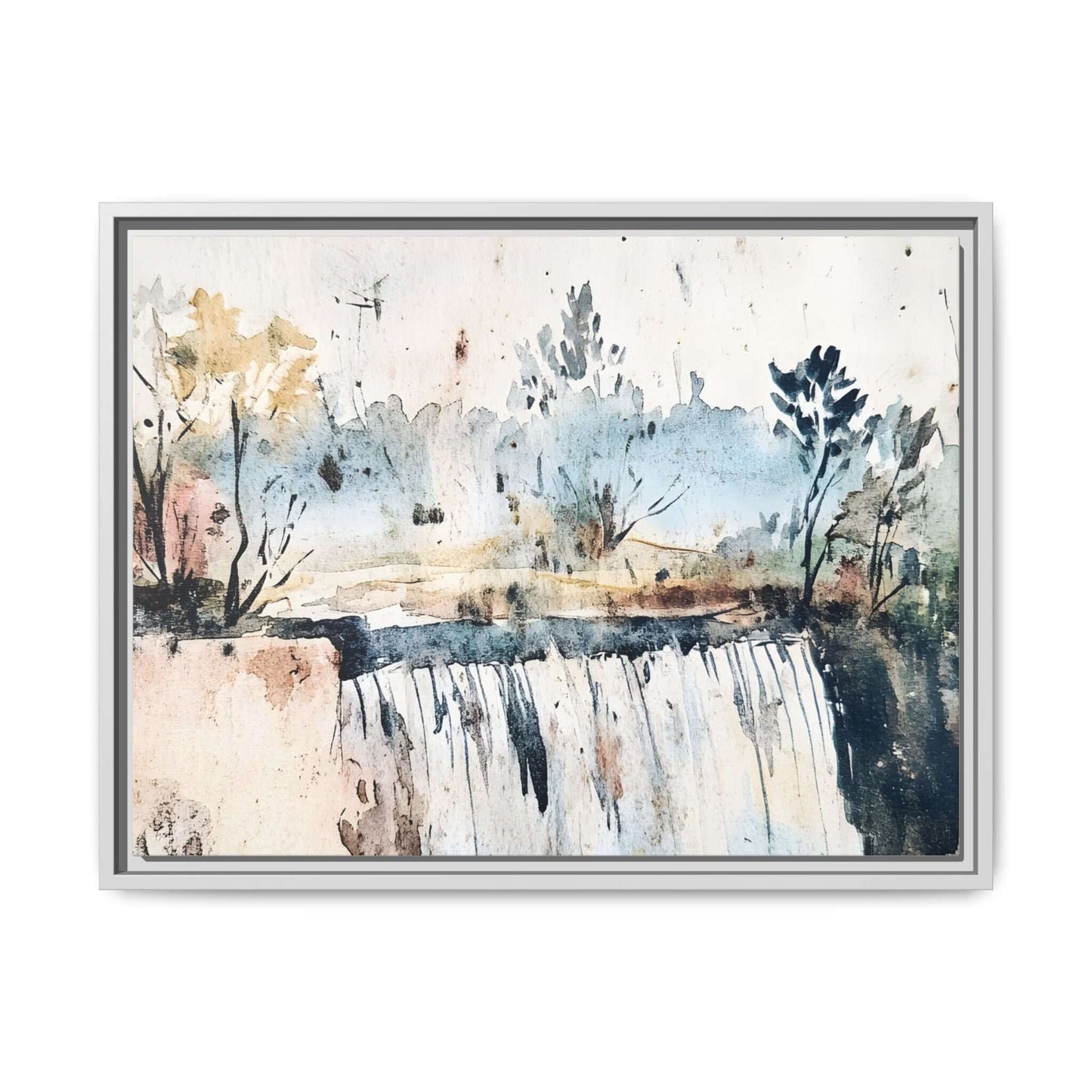 Framed watercolor wall art depicting a serene landscape with trees and a waterfall, perfect for home decor.