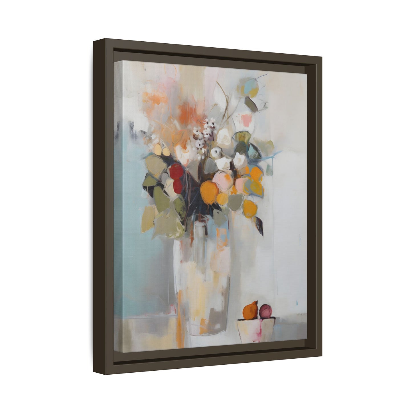 Colorful Floral Still Life Wall Art – Framed Abstract Canvas with Bright Blooms and Fruit Bowl, showcasing vibrant flowers and fruit.