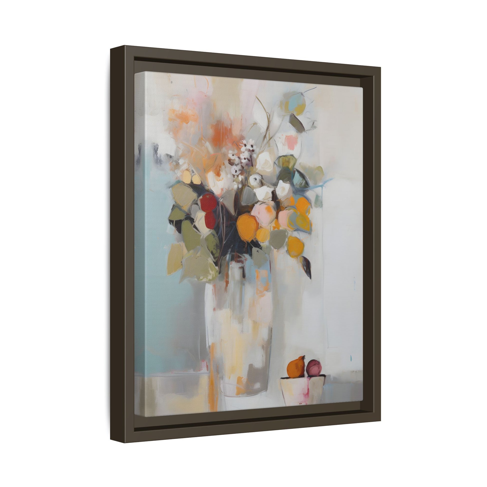 Colorful Floral Still Life Wall Art – Framed Abstract Canvas with Bright Blooms and Fruit Bowl, showcasing vibrant flowers and fruit.