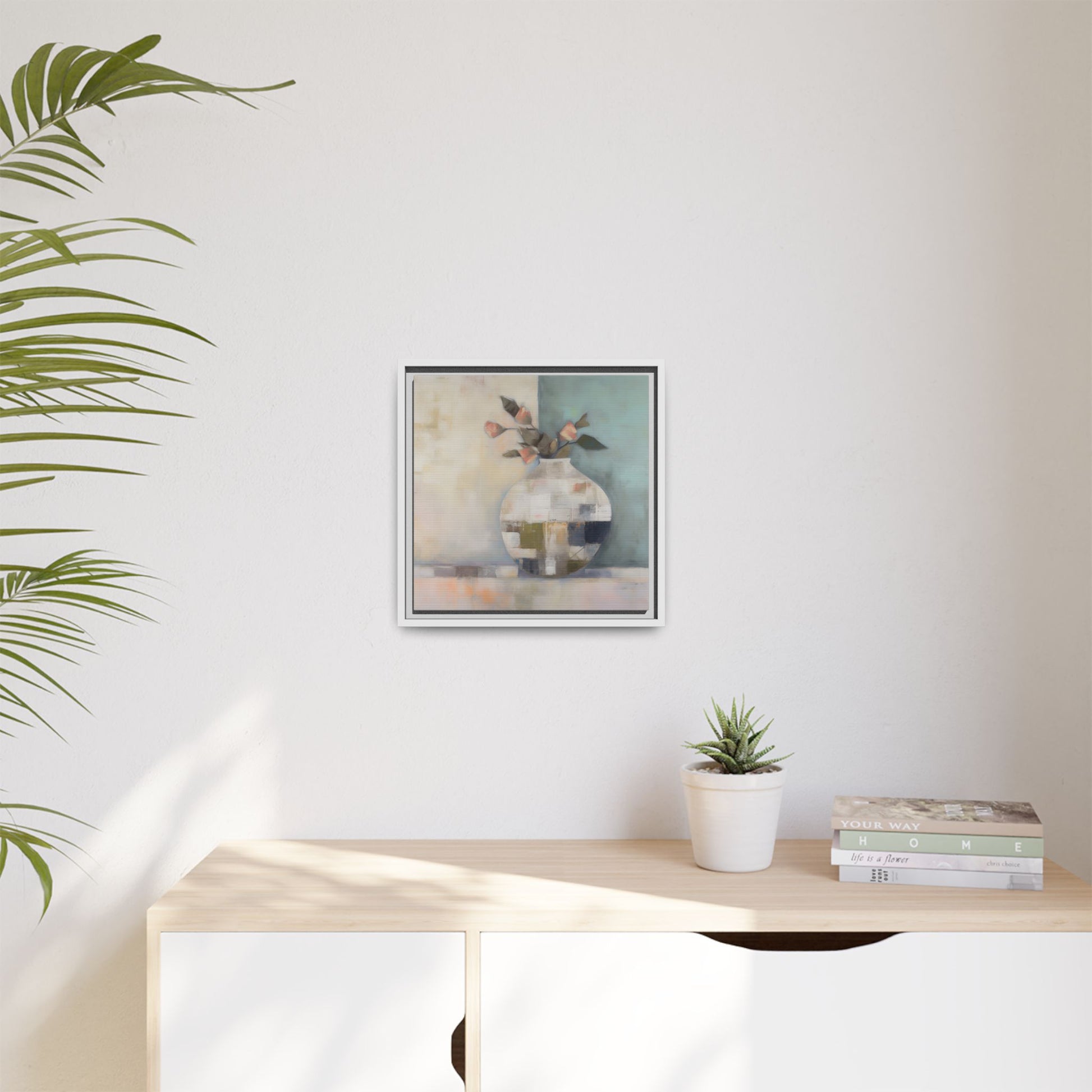 Geometric Floral Still Life Wall Art – Framed Abstract Canvas with Vase and Blush Pink Buds adding subtle elegance to room decor.