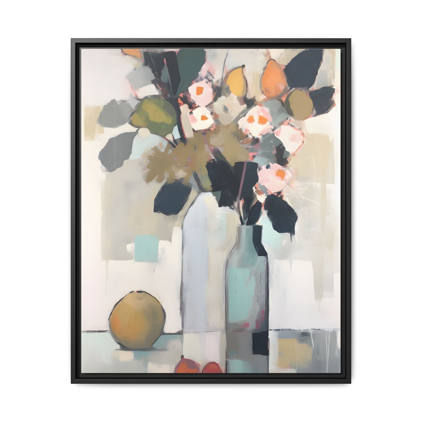 Modern Floral Still Life Wall Art – Framed Canvas with Bold Leaves and Citrus in Vase featuring abstract vases and vibrant colors