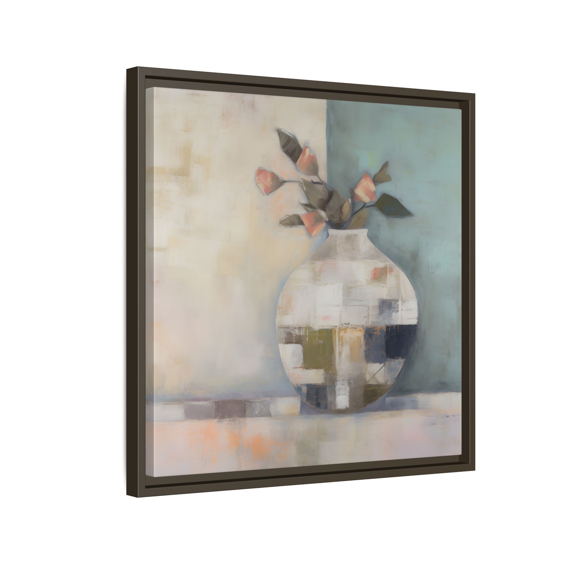 Geometric Floral Still Life Wall Art – Framed Abstract Canvas with Vase and Blush Pink Buds, featuring patchwork textures and rosebuds.