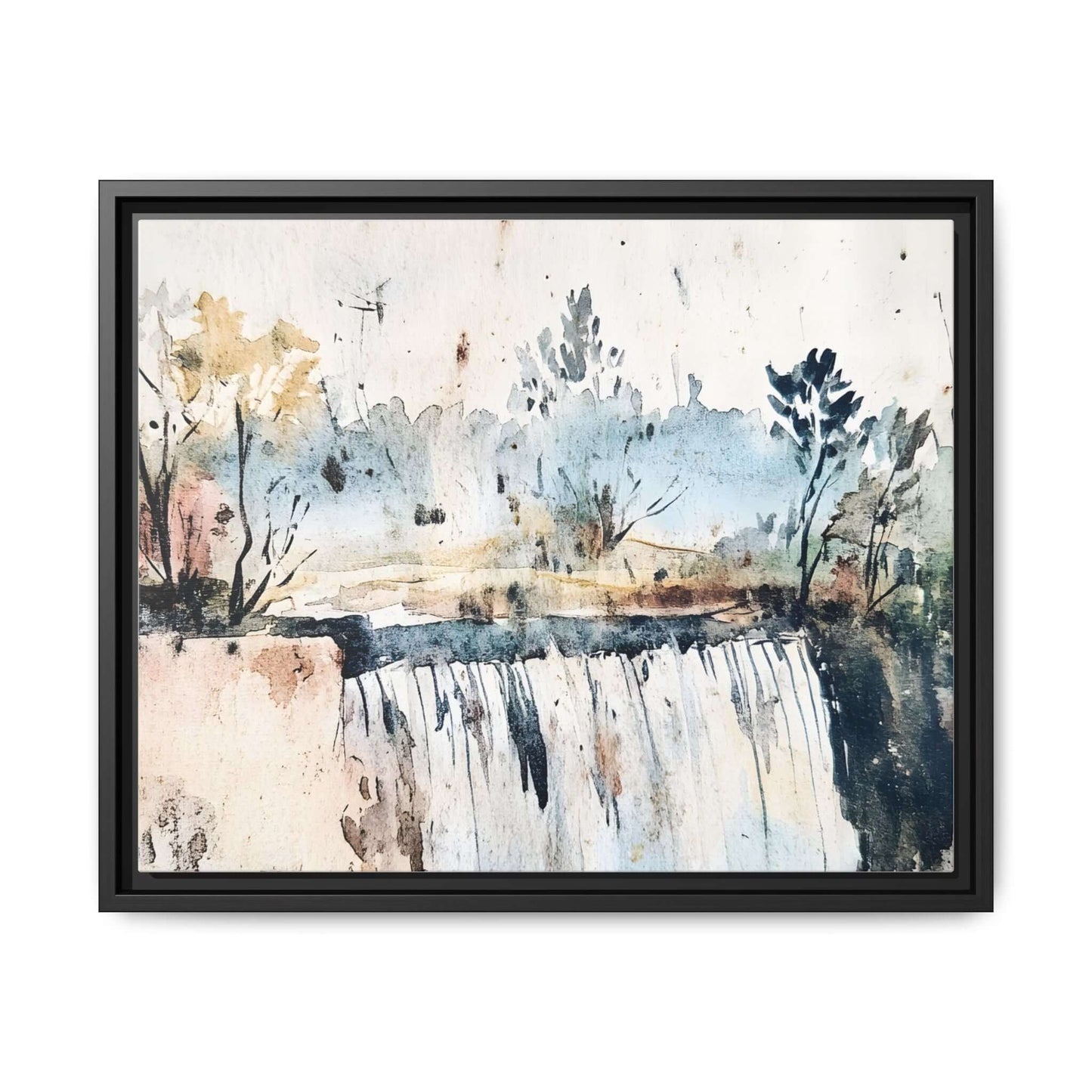 Framed watercolor wall art depicting a serene landscape with trees and waterfall, horizontal orientation. Ideal for calming home decor.