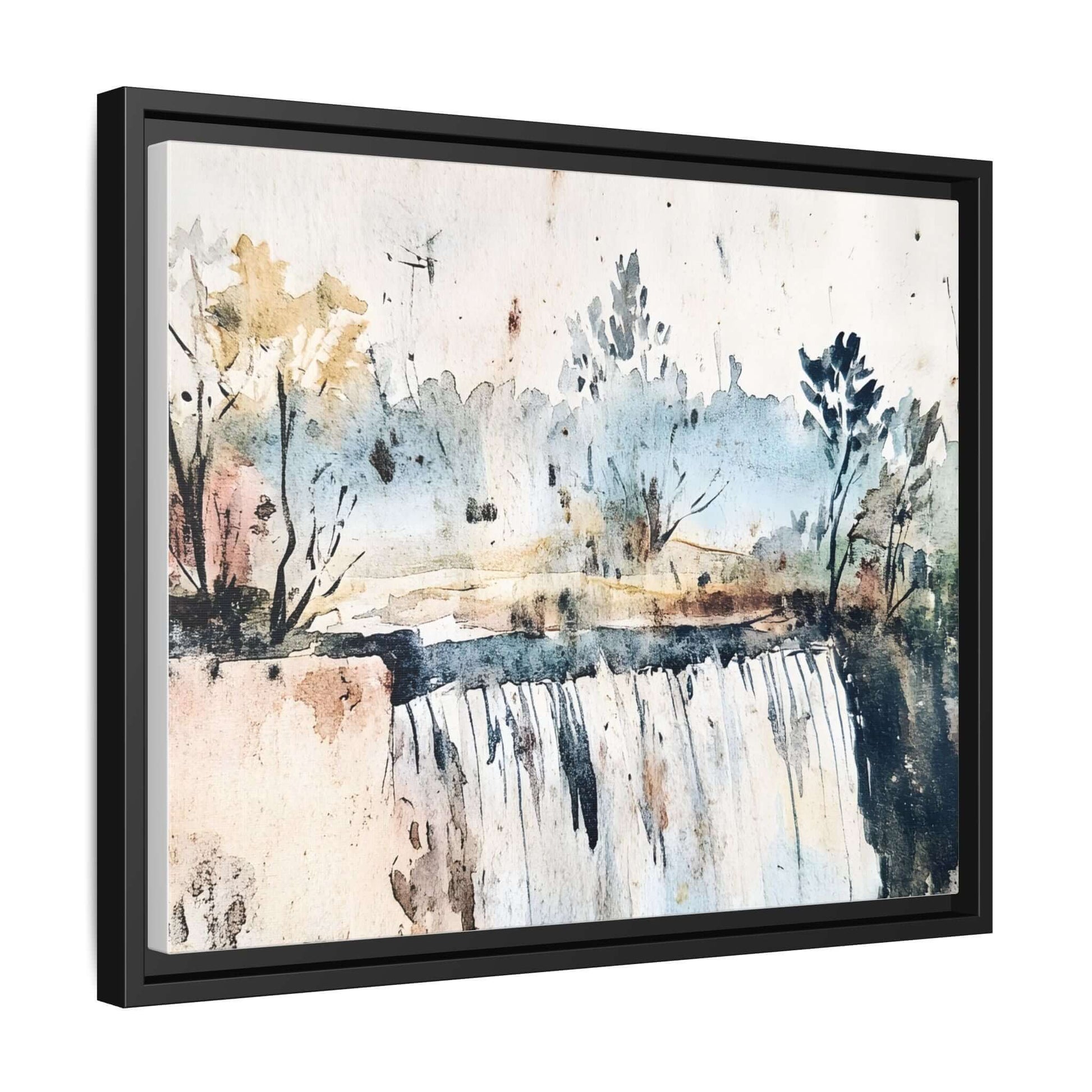 Framed watercolor wall art depicting a serene landscape with a waterfall and trees, perfect for home or office decor.