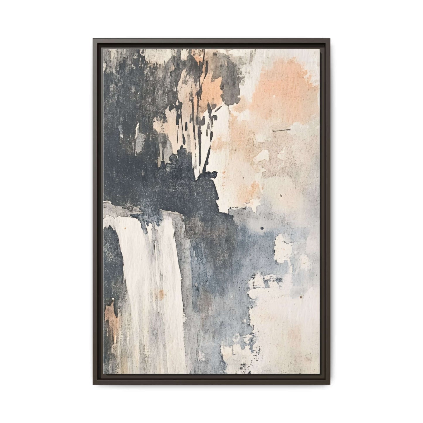 Framed waterfall art print on matte canvas, vertical orientation, featuring abstract design in neutral tones for home decor.