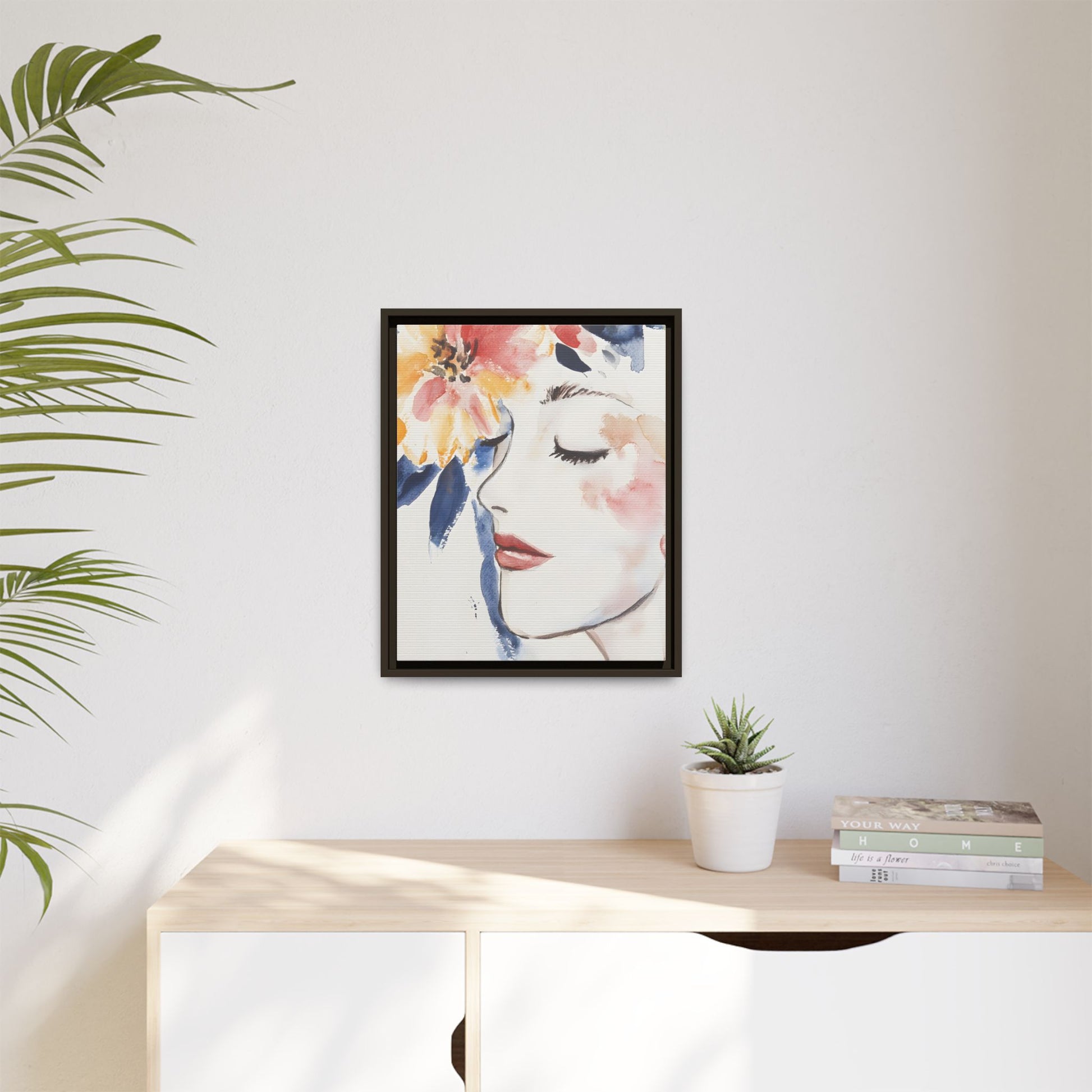 Multi-Color Framed Matte Canvas Art - Floral Face Portrait displayed in modern living room.