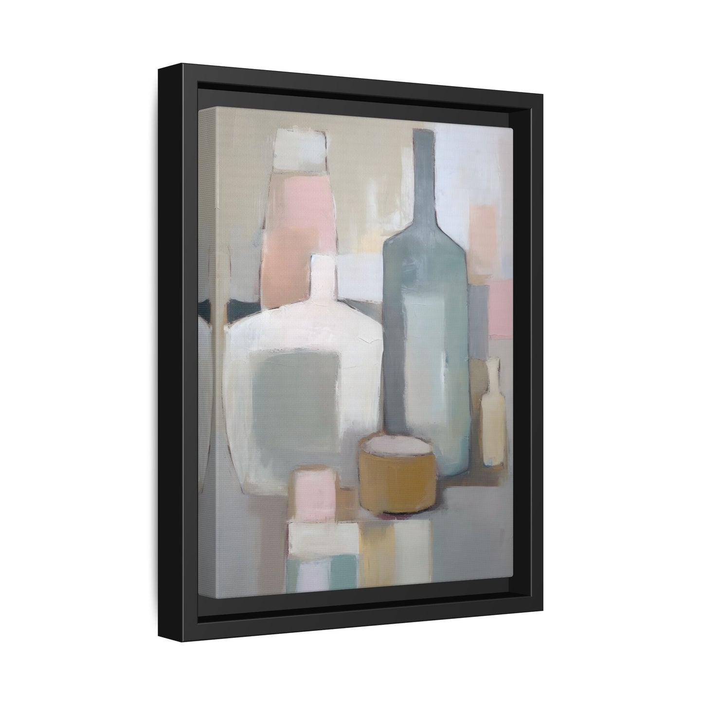 Modern Abstract Bottle Still Life Wall Art – Framed Canvas in Soft Pink, Blue, and Beige featuring serene bottles and vessels.