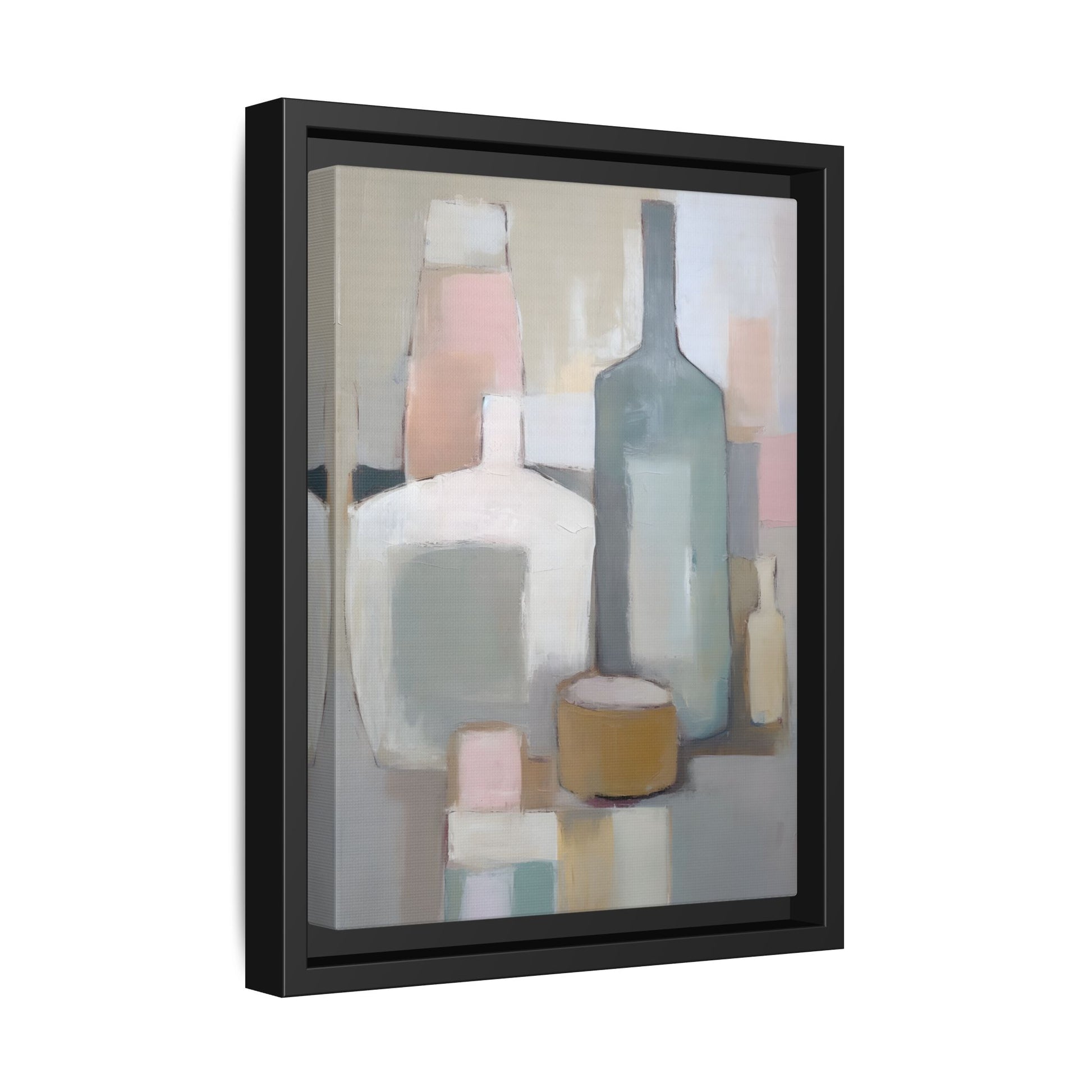 Modern Abstract Bottle Still Life Wall Art – Framed Canvas in Soft Pink, Blue, and Beige featuring serene bottles and vessels.
