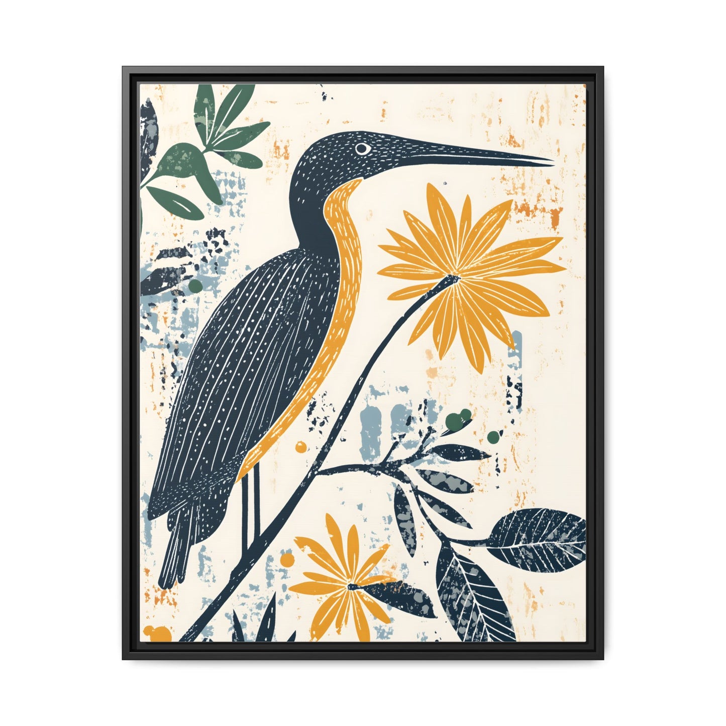 Colorful Bird and Flower Framed Matte Canvas Art