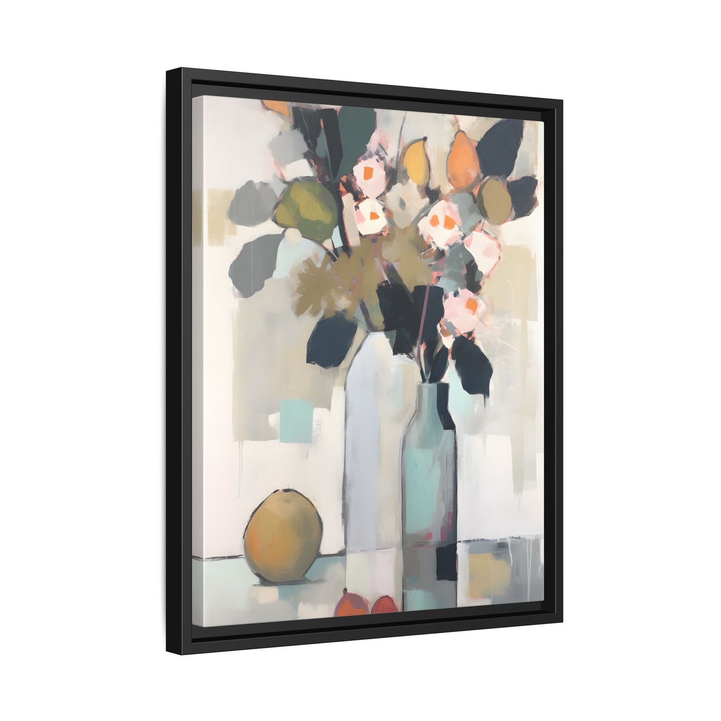 Modern Floral Still Life Wall Art – Framed Canvas with Bold Leaves and Citrus in Vase