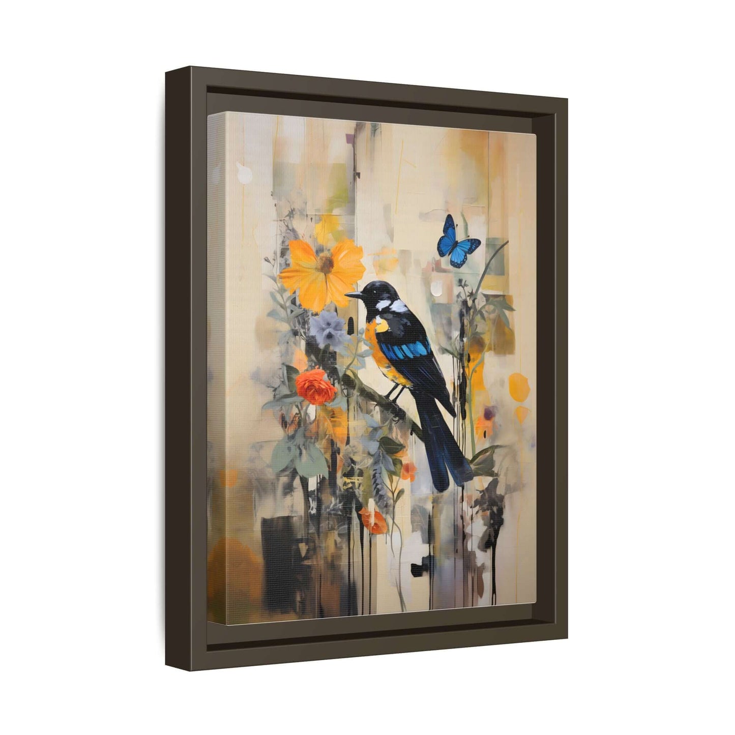 Framed vibrant bird and butterfly canvas art, colorful home decor, 18x24 inches, vertical orientation, perfect for living space revitalization.